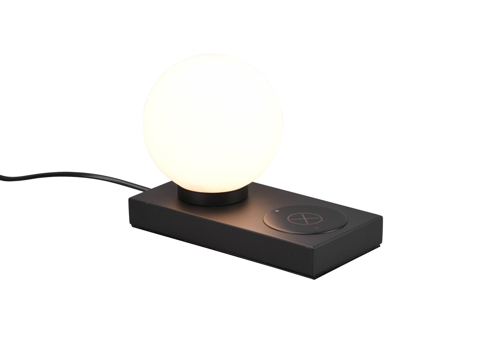 Reality Leuchten LED Nachttischlampe, Induktive Ladestation, LED wechselbar, warmweiß, kleine Tischlampe mit Glas-Kugel Lampenschirm, Touch mit Ladefunktion