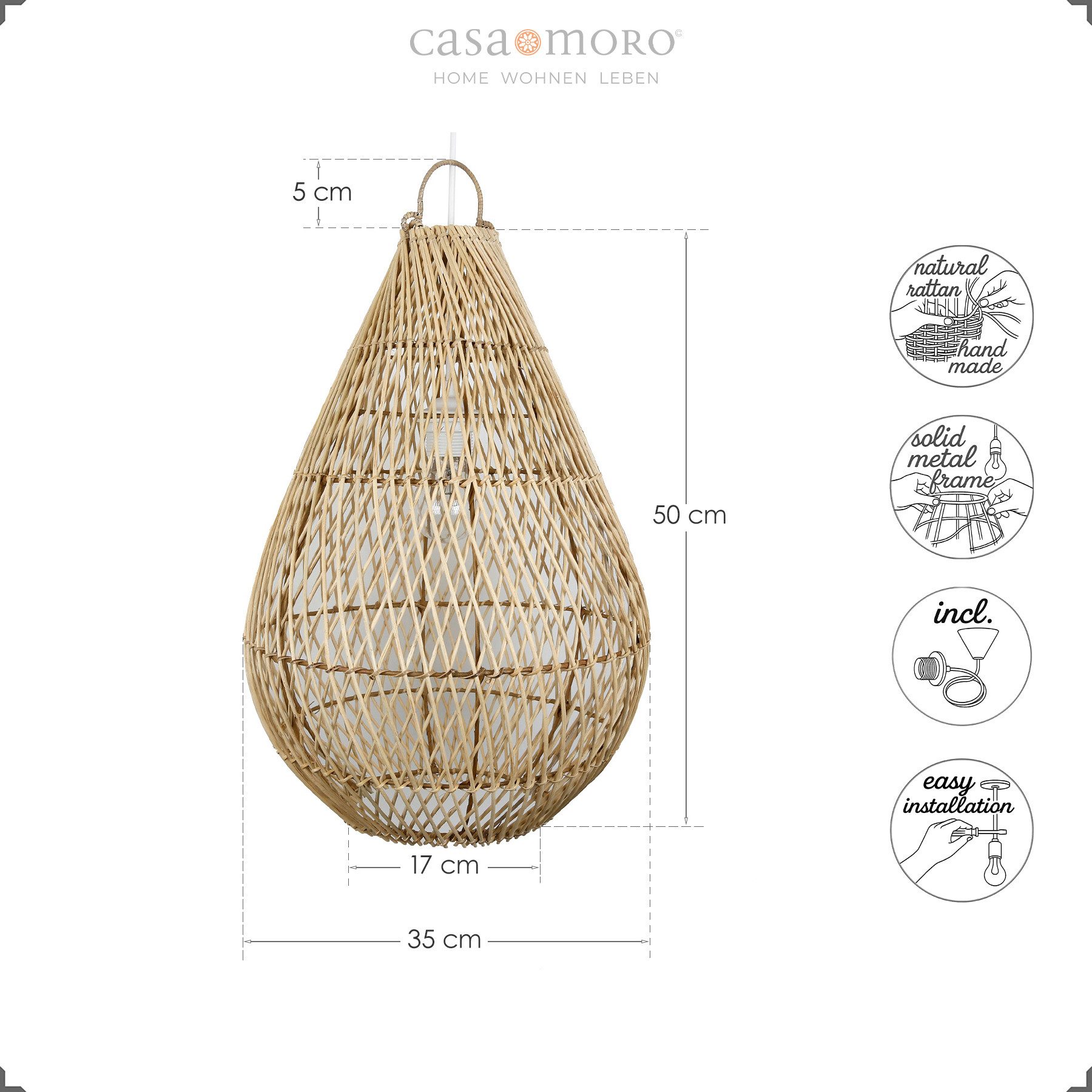 Casa Moro Deckenleuchten Hängelampe Rattan Natur – Deckenlampe Ø 35 x H 55 günstig online kaufen