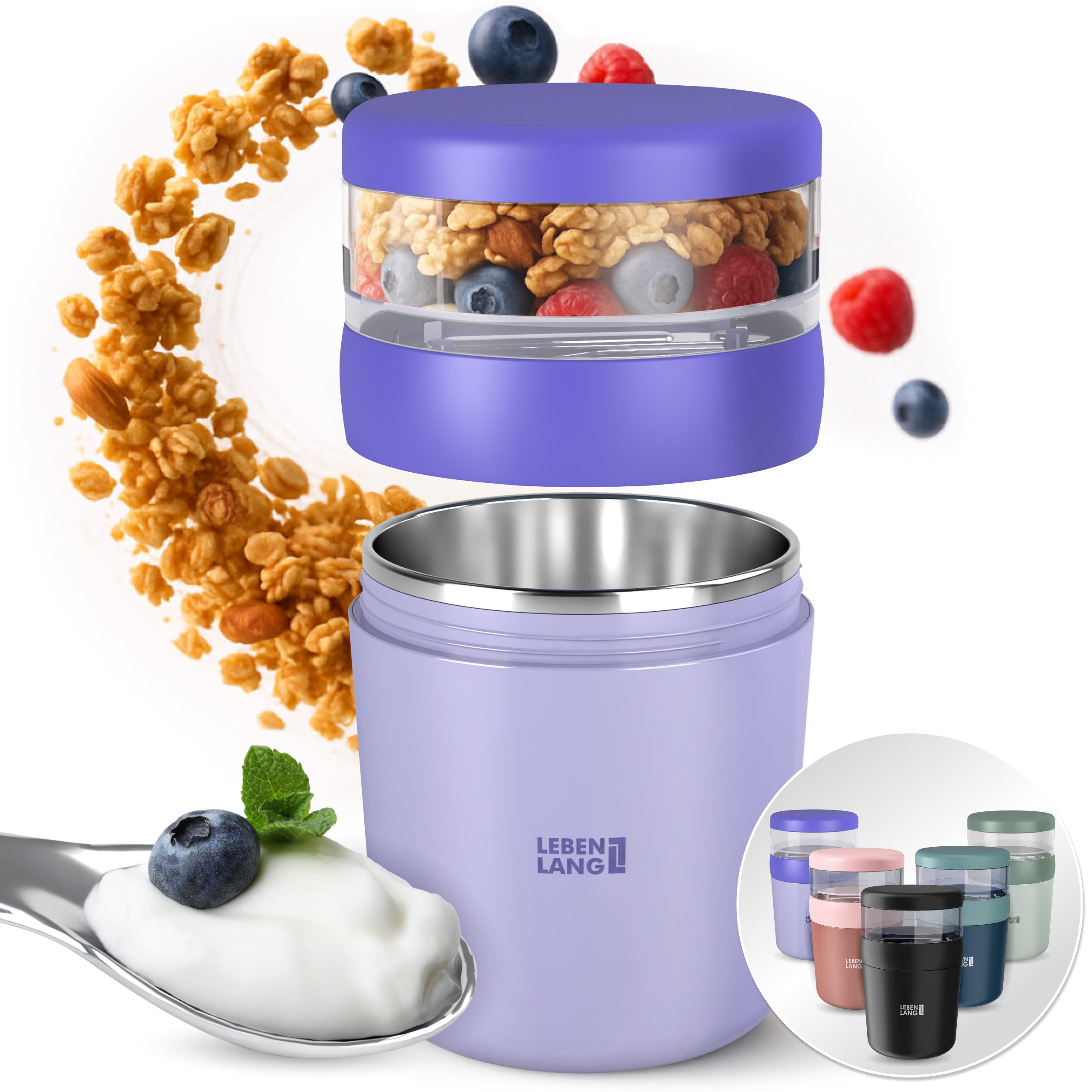 Lebenlang Aufbewahrungsbecher Müslibecher, Isolierende Edelstahlinnenwand, ToGo mit Löffel & 650ml, Edelstahl/Kunststoff, (500ml Becher, 150ml Aufsatz, Drehvershluss, faltbarer Löffel), Auslaufsicher & Perfekt für Schule, Kita, Büro oder Uni