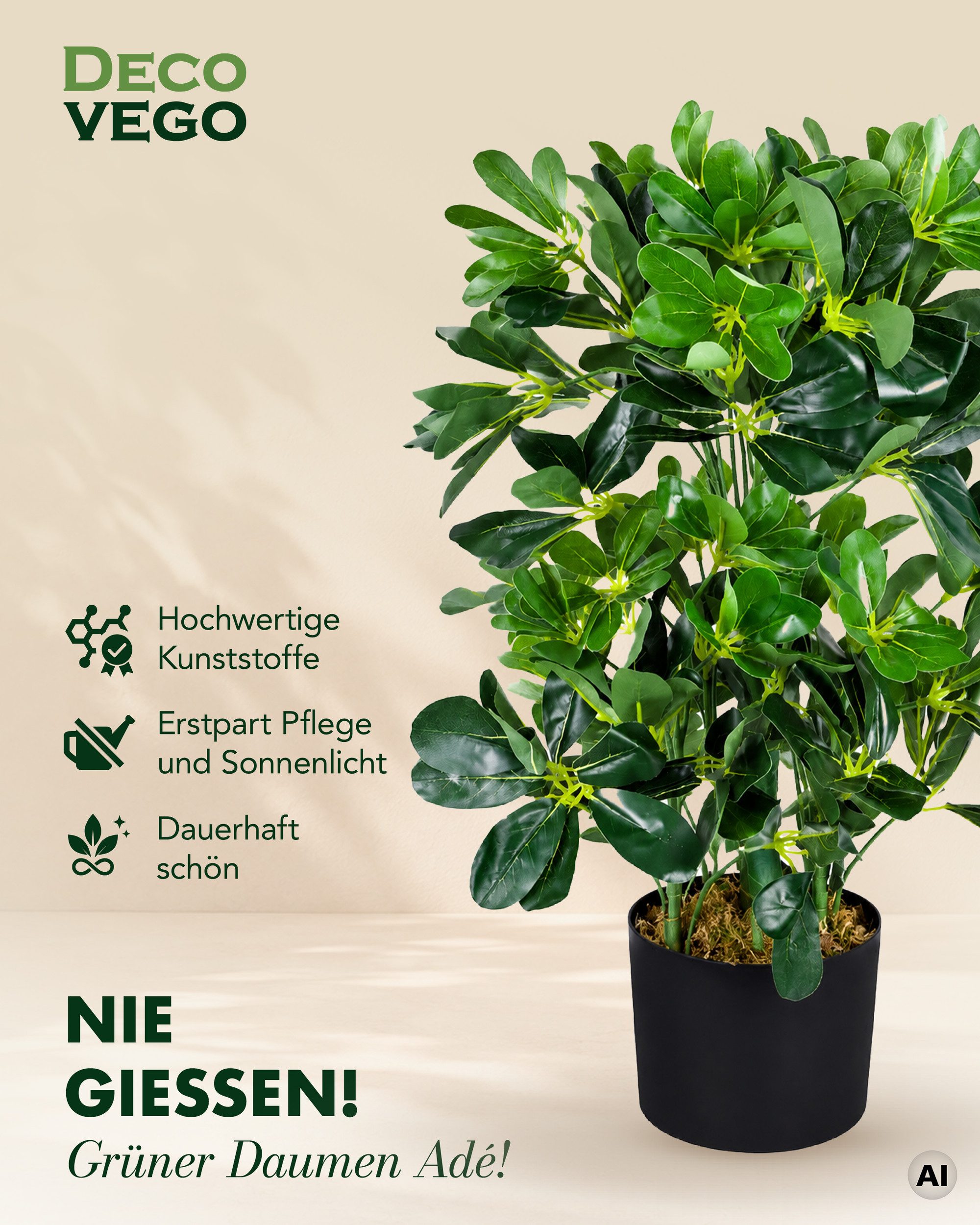 Künstliche Zimmerpflanze Schefflera Aralia Kunstpflanze Künstliche Pflanze Stahlenaralie 60 cm Schefflera, Decovego, Höhe 60 cm – Bild 4 von 5