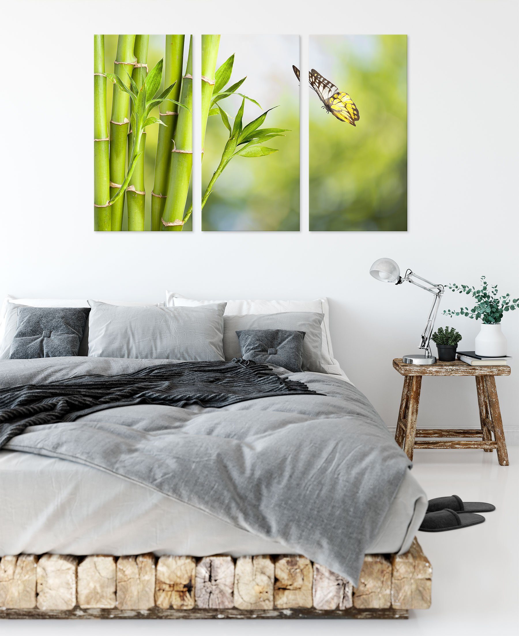 Bambus inkl. St), 3Teiler fertig Schmetterling mit Leinwandbild Bambus Leinwandbild (1 bespannt, Zackenaufhänger Schmetterling, (120x80cm) Pixxprint mit