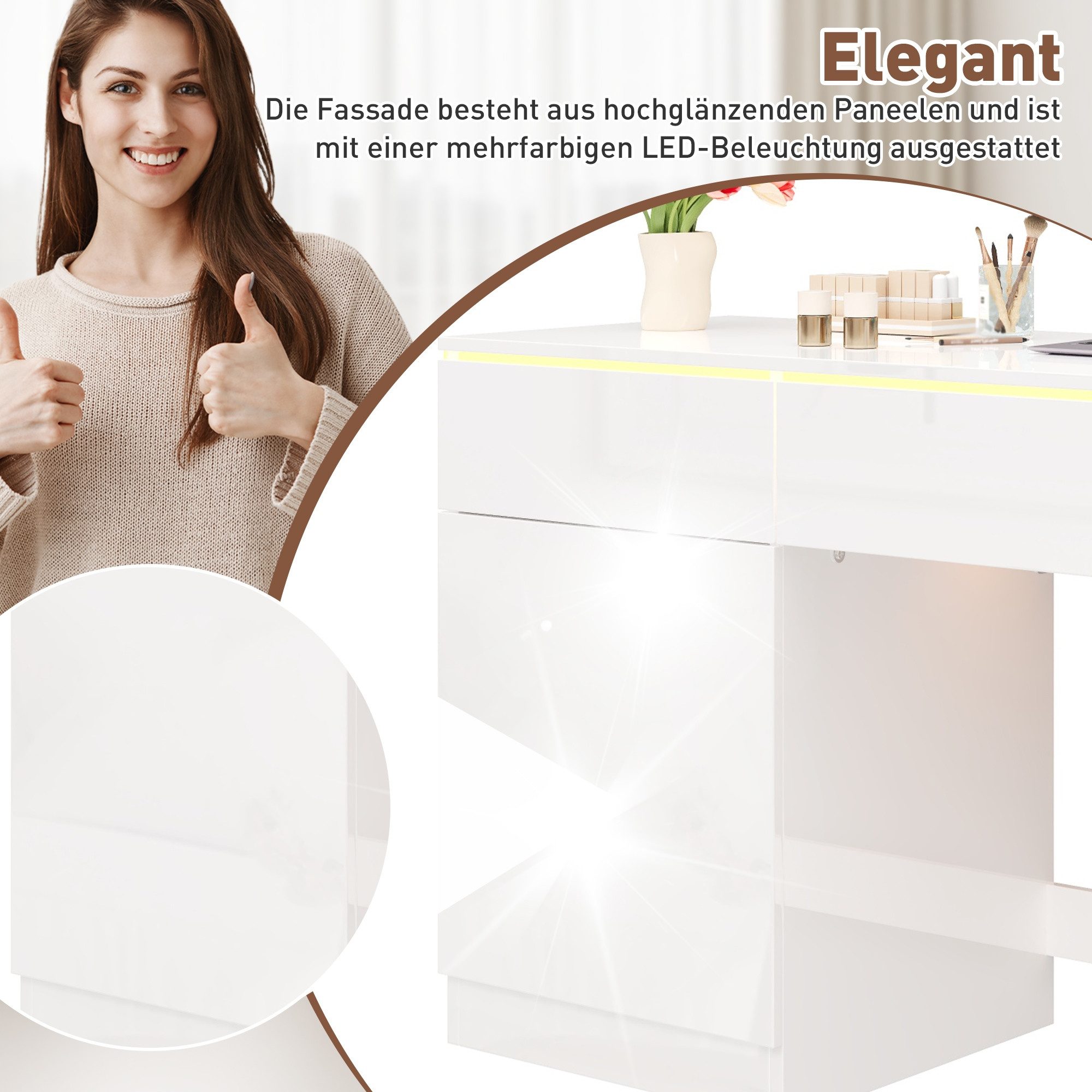 BlingBin Schreibtisch Computertisch mit Hochglanz-Arbeitsfläche,integrierter LED-Beleuchtung (1er Set, 1-St., 120×50×78 cm), Stauraum mit 2 Schublade und 1 Türen für Homeoffice & Schlafzimmer