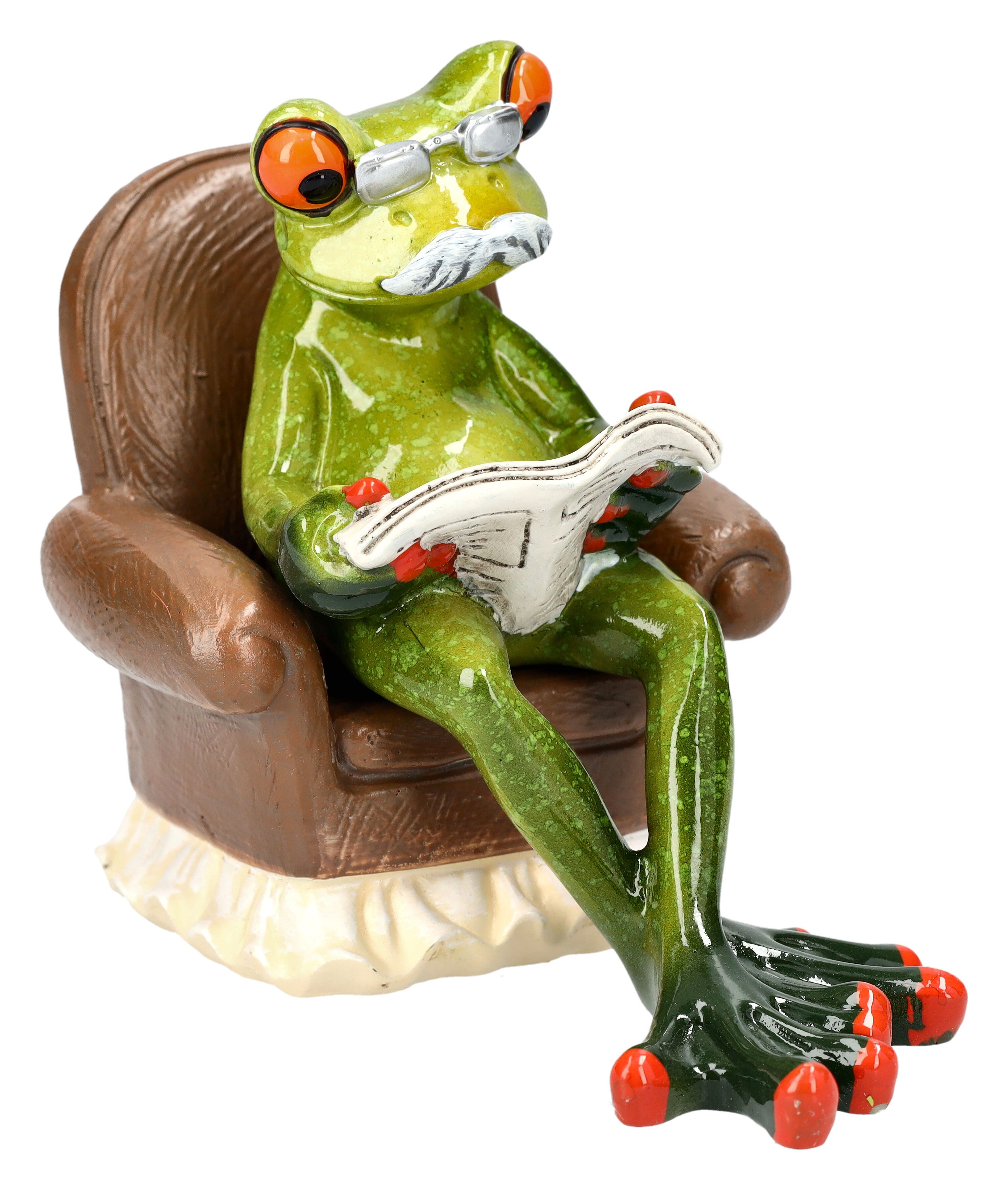 Tierfigur Lustige Frosch Figur - Opa liest Zeitung - Tierfigur Dekofigur Sessel