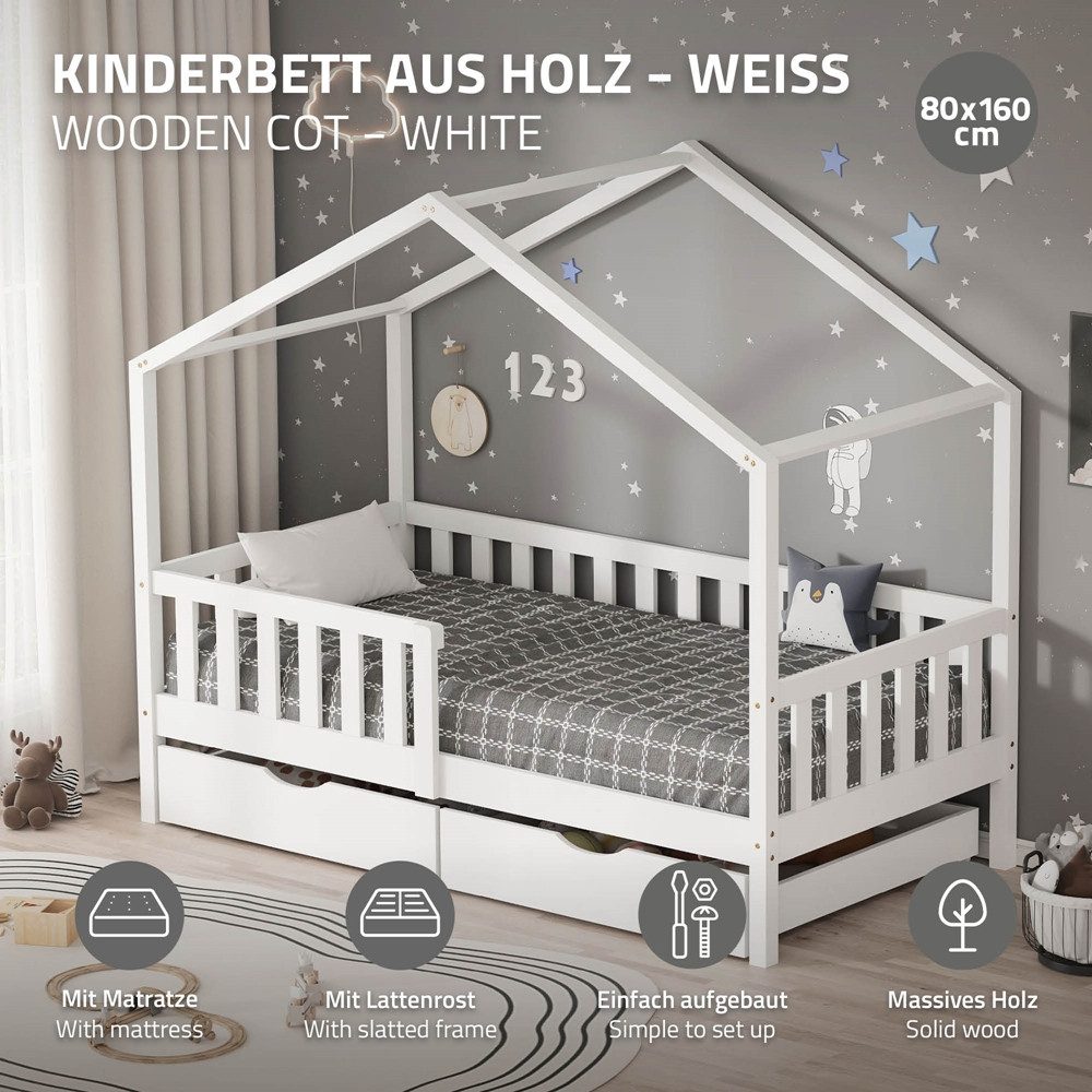 ML-DESIGN Spielbett Hausbett Kinderbett inkl. 2 Schubladen, Lattenrost und Rausfallschutz, Abenteuerbett 80x160cm mit Matratze Himmelbett Kiefer Jugendbett Weiß