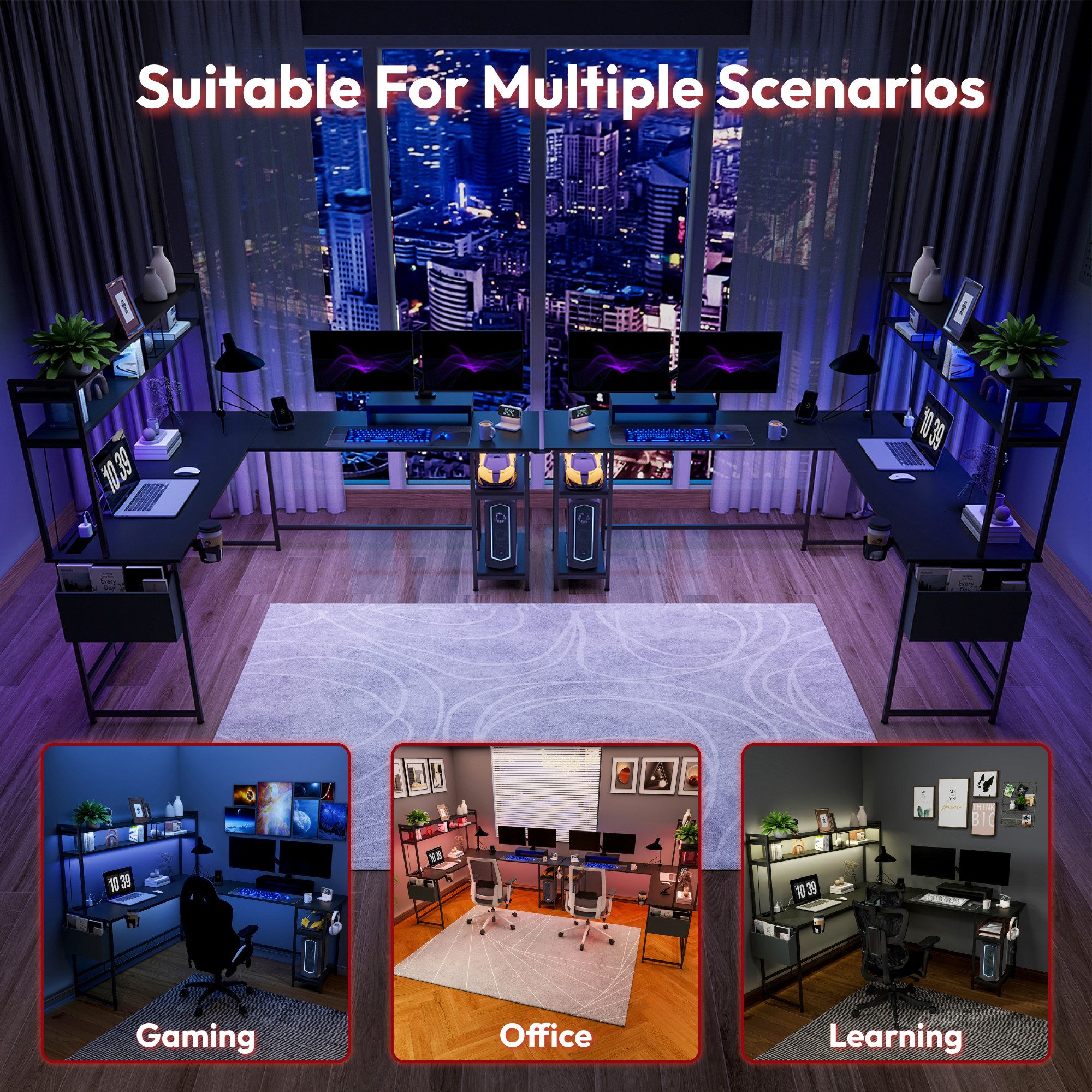SANODESK Computertisch Gaming Tisch L-Form Schreibtisch Jugendschreibtische (L-förmiger Schreibtisch, mit Regal), mit LED-Beleuchtung, 2 Steckdosen & 2 USB-Anschlüsse