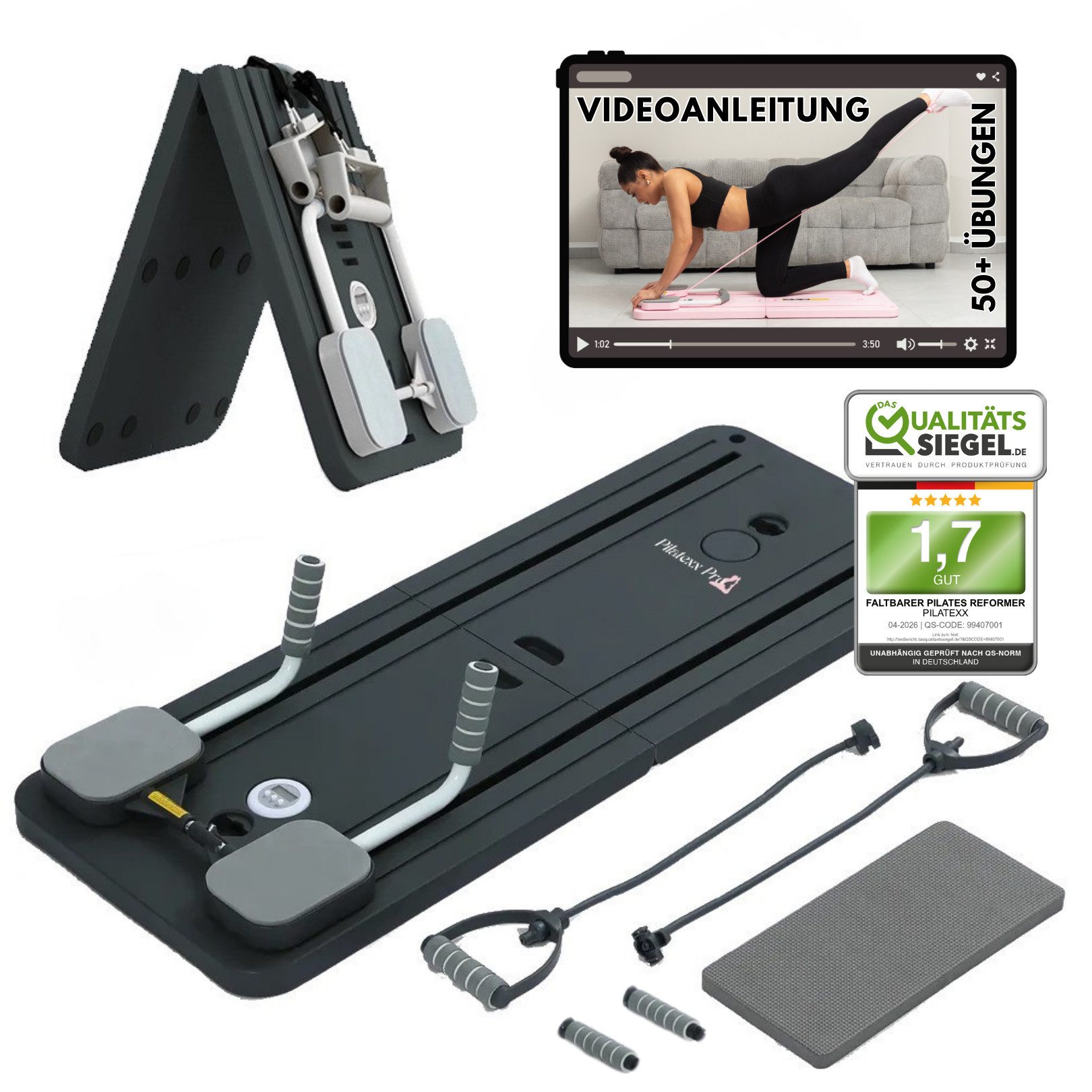 Pilatexx Pilates-Reformer PLTX - Faltbarer Pilates Reformer mit Videobibliothek (50+ Übungen), (Set, 6-tlg., inkl. 14/28 Tage Trainingspläne, inkl. Videobibliothek (50+ Übungen), Gelenkschonendes Ganzkörpertraining für alle Fitnesslevel