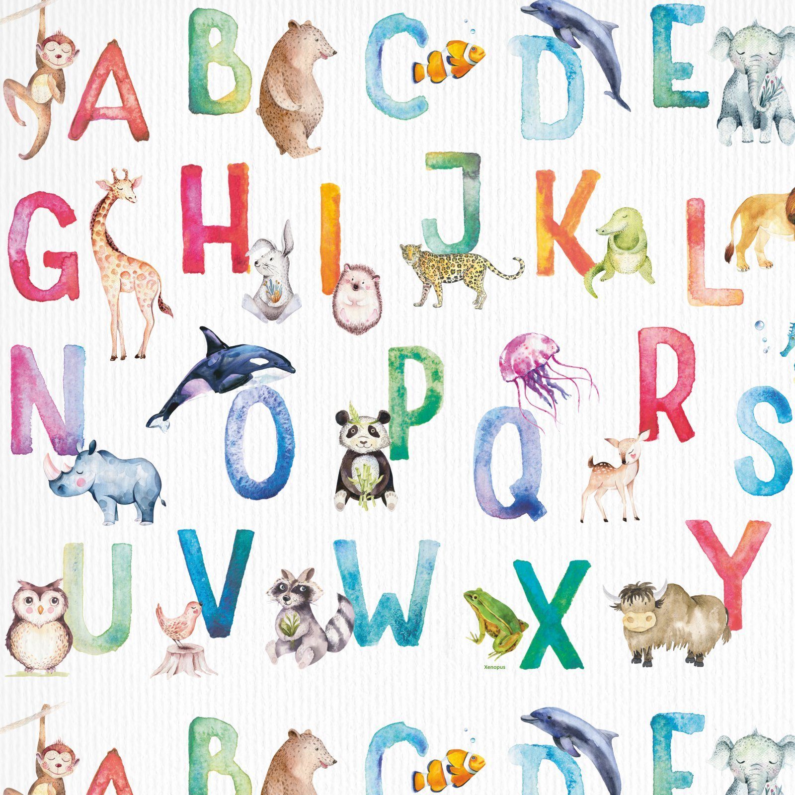 nikima Packpapier Tier ABC Aquarell bunt Geschenkpapier, 5 Bögen