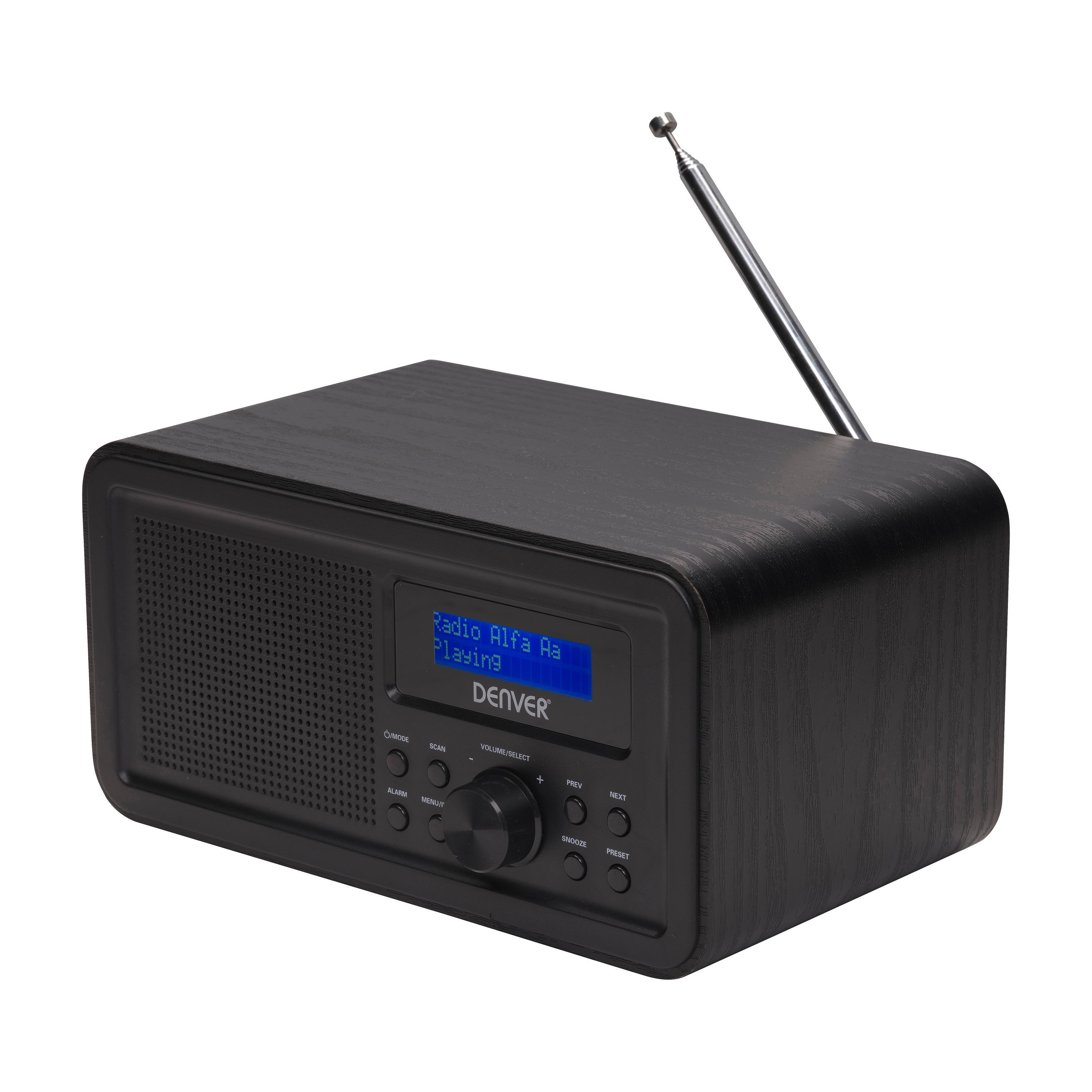 Denver DAB-30B Digitalradio (DAB) (DAB+, FM PLL, Uhr & Alarm, Snooze, 20-stufige Lautstärkeregelung, 1 W, Holz-Design, DAB+/FM PLL)