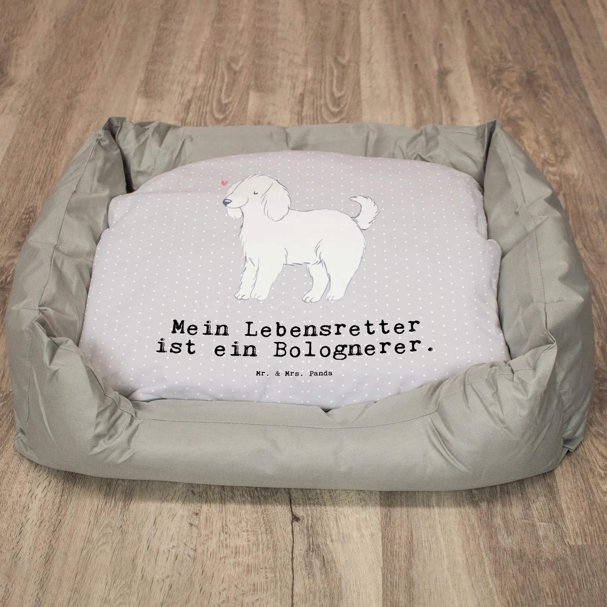 Thumbnail - Mr. & Mrs. Panda Tierbett Bologneser Lebensretter - Grau Pastell - Geschenk, Hund, Hundedecke, Süße Designs