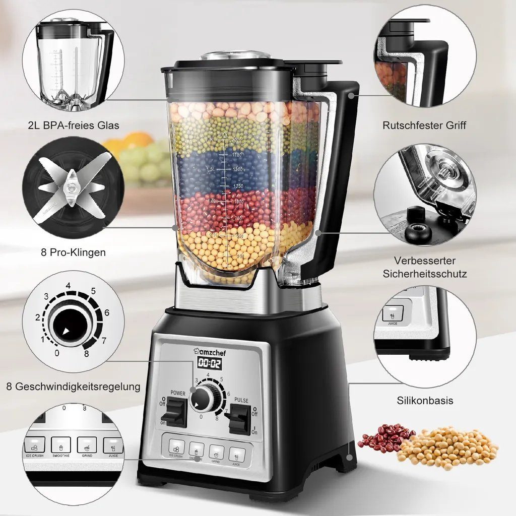 AMZCHEF Standmixer NY-8088, 2000,00 W, 8 Geschwindigkeitsregelung - 25000 U/min - 4 Vorprogramme