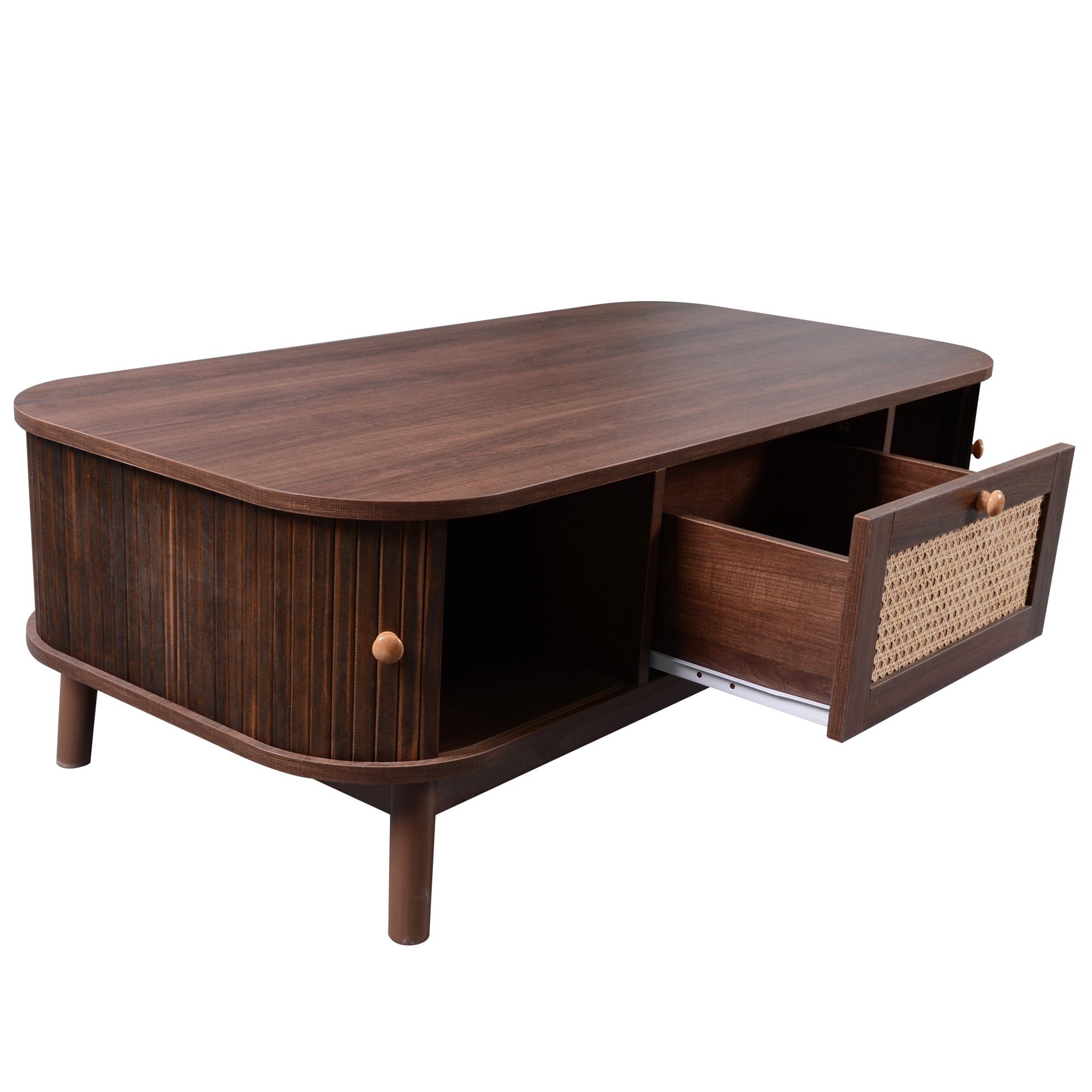 Celya Couchtisch Couchtisch Kaffeetisch, Schubladen mit Rattan und Schiebetüren 110cm