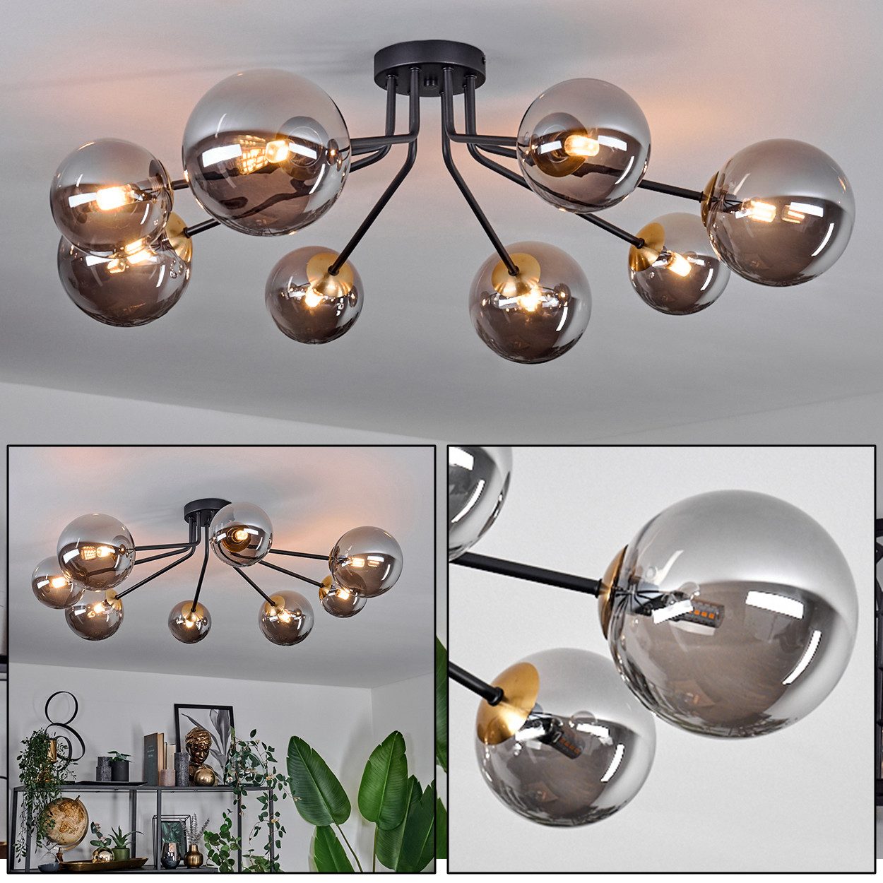 hofstein Deckenleuchte Deckenlampe aus Metall/Glas in Schwarz/Goldfarben/Rauchfarben, ohne Leuchtmittel, retro Leuchte mit Glasschirmen (12cm, 15cm), 8xG9, ohne Leuchtmittel