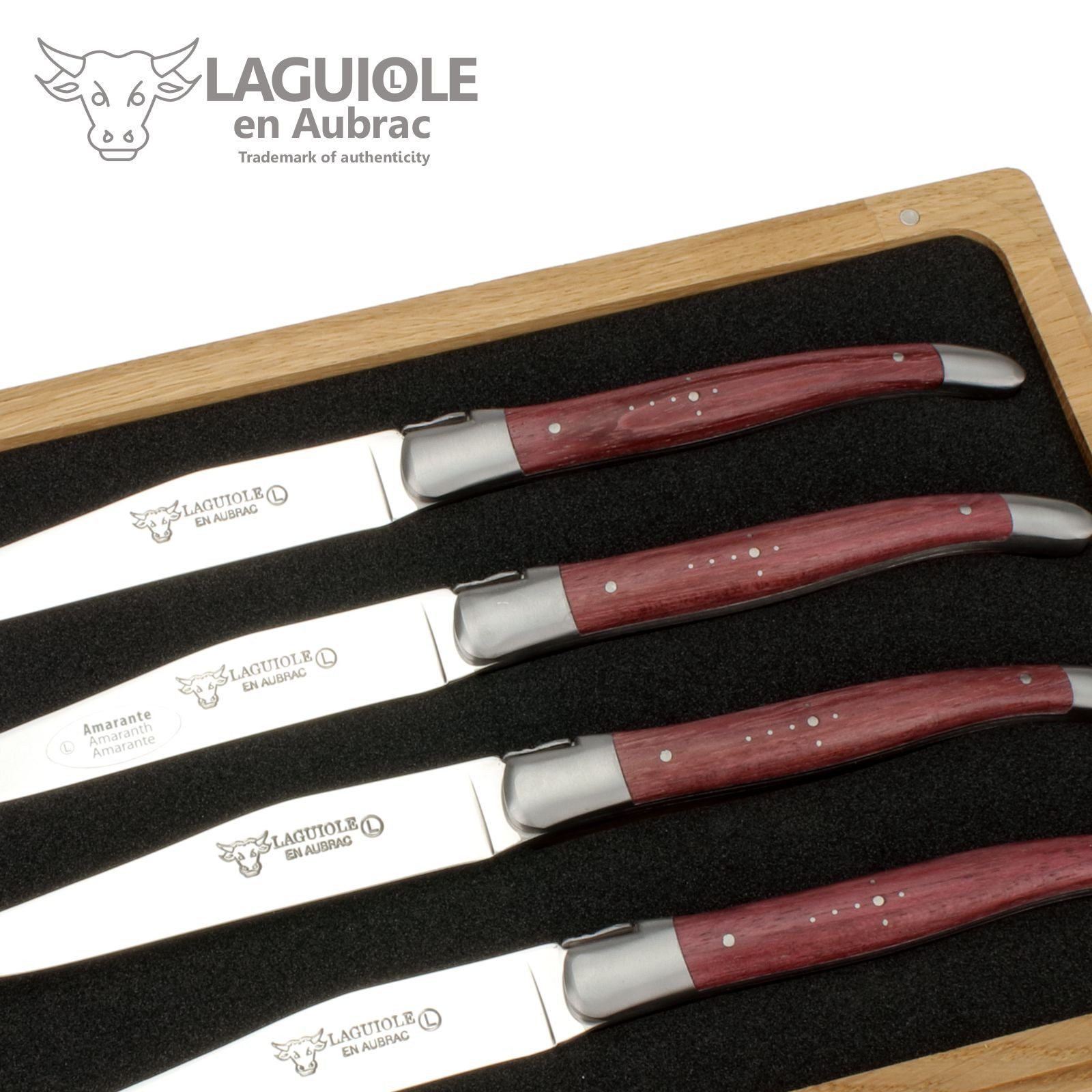 Laguiole en Aubrac Steakmesser 42C99ATIH 4er Set - Griff Amaranth - Backen matt - Klinge glänzend - Holzbox