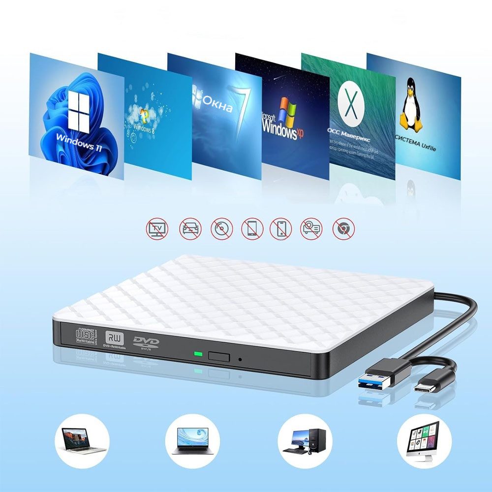 PRIISF External CD DVD +/-RW ROM Optical Drive Rewriter Writer USB 3.0,Type-C DVD-Brenner (Slim CD/DVD ROM Portable Laufwerk Brenner, DVD 8x/CD 24x, Für alle Notebook Desktop PC Laptop-Mac OS,Windows11)