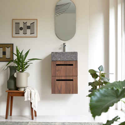 Tikamoon Waschtisch Line Badezimmerschrank aus Nussbaum massiv und Marmor 40 cm