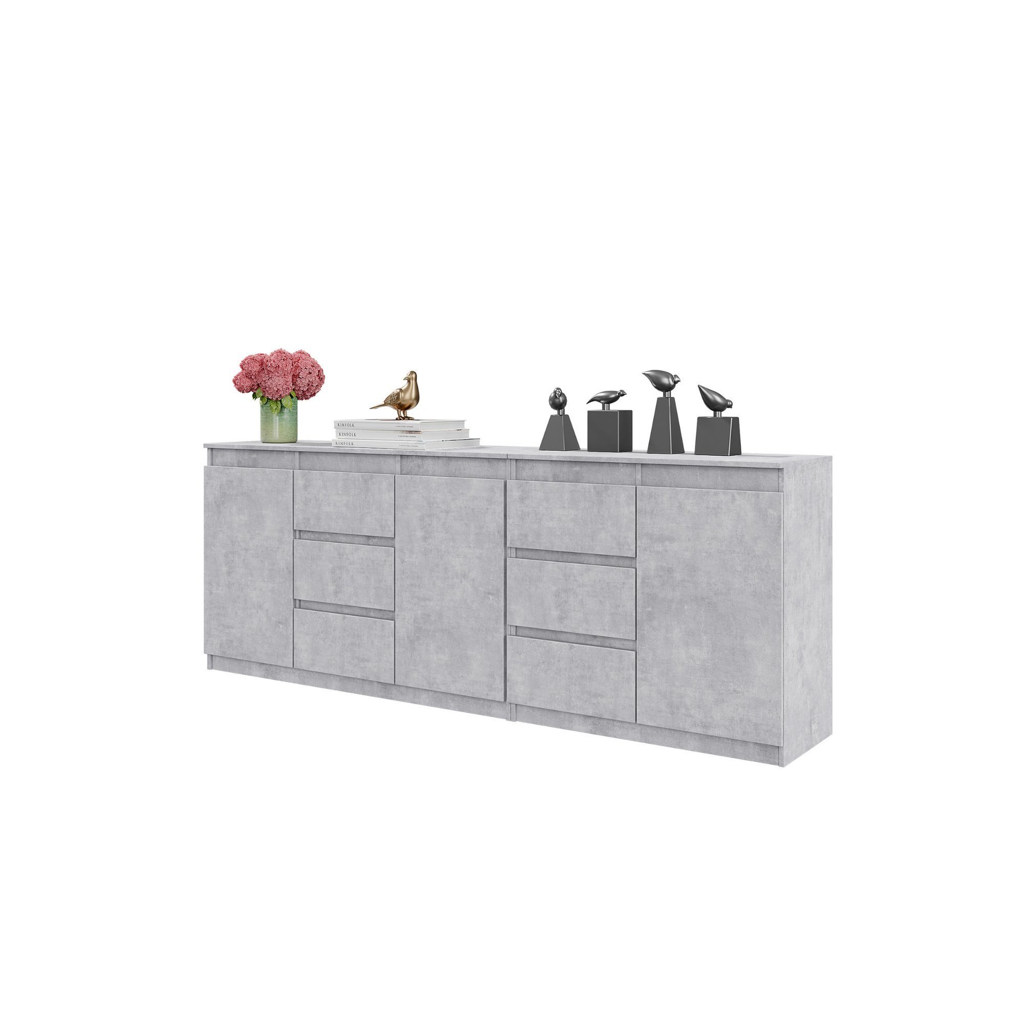 Furnica Kommode MIKEL, 6 Schubladen und 3 Türen - Beton-Optik H75cm B200cm T35cm Beton-Optik/Beton-Optik