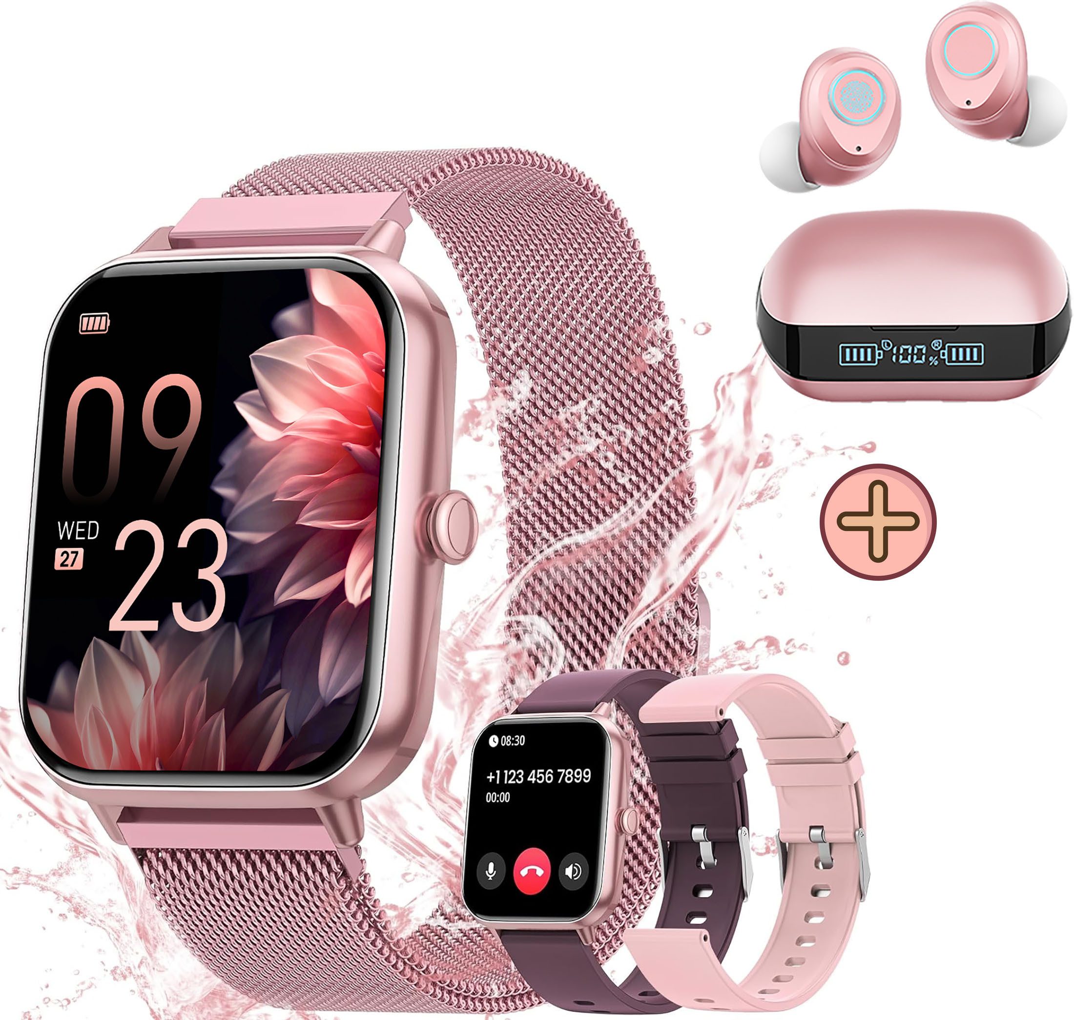 Sanorum Smartwatch Damen mit Telefonfunktion & blutzuckermessung Smartwatch (4.65 cm/1,83 Zoll, HD Voll Touchscreen) Mit In Ear Bluetooth Kopfhörer, IP68,24H Herzfrequenz, Menstruationszyklus, Schlafmonitor,SpO2, Geschenke für iOS Android Rosa