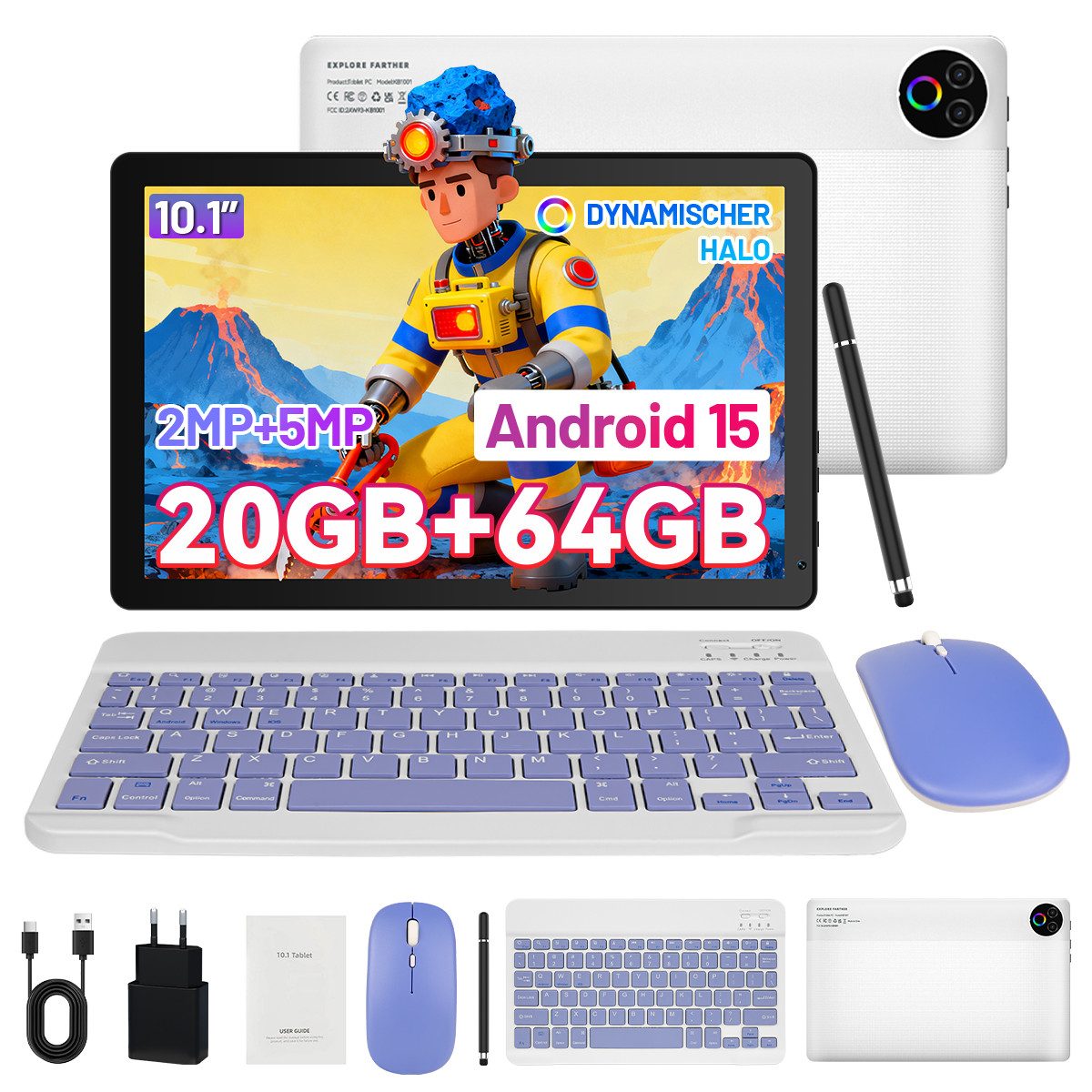 Happybe 10’’ HD Android 15, 20(3+17)GB RAM, 64GB, WiFi6 mit Tastatur und Stift Tablet (10", 64 GB, Android, WiFi6, Großbs Display Tablet mit Stift, Tastatur und Maus, Widevine L1)