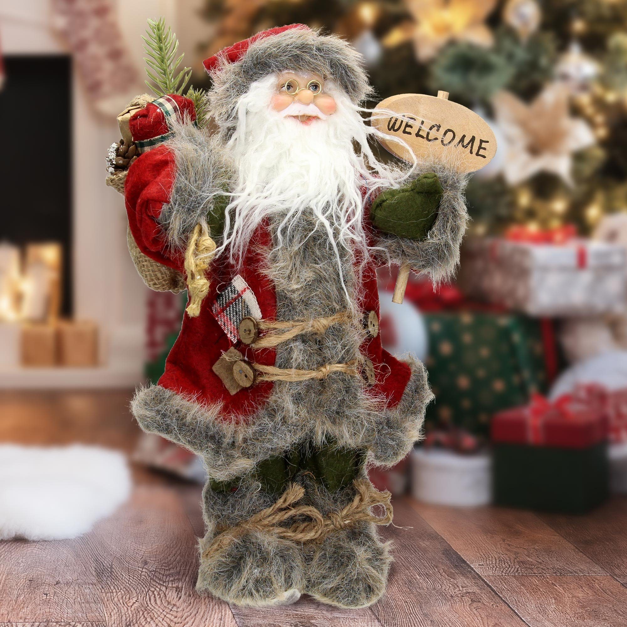 Homevibes ECD Germany Weihnachtsfigur Weihnachtsmann Deko-Figur Santa-Claus Figur Winterdeko Weihnachten, 37 cm hoch rot/grauer Mantel grüner Hose mit Geschenkesack