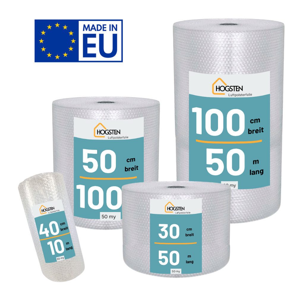 HOGSTEN Schutzfolie Luftpolsterfolie Rolle 50 m Verpackung und Umzug 100% recycelbar, (Polstermaterial Verpackungsmaterial 50my), Noppenfolie für Versand Bubble Wrap