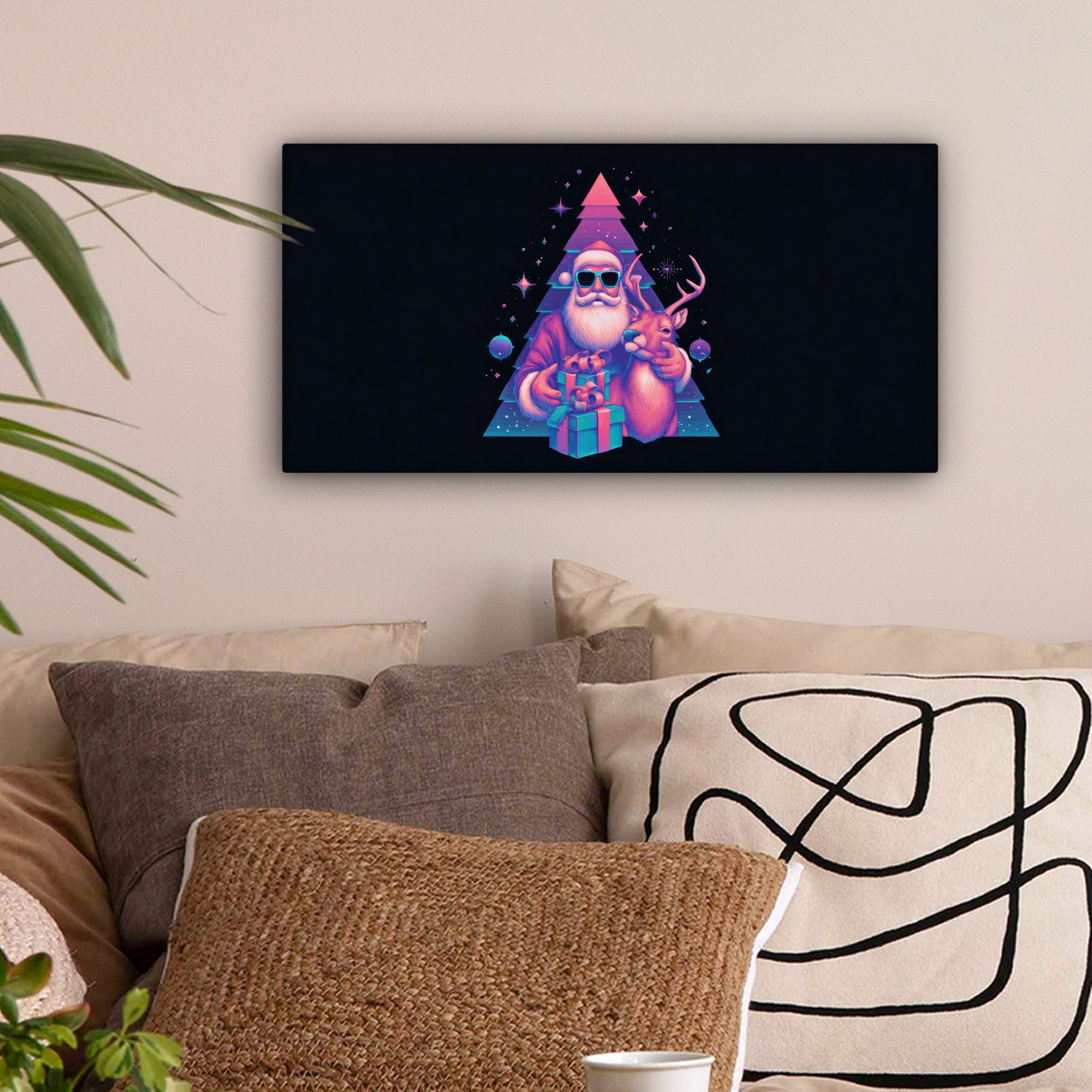 OneMillionCanvasses® Leinwandbild Panorama Retro - Weihnachtsmann - Rentier - Weihnachtsbaum, Fotodruck (1 St), Wandbild, Deko Schlafzimmer Wohnzimmer Flur 40x20 cm