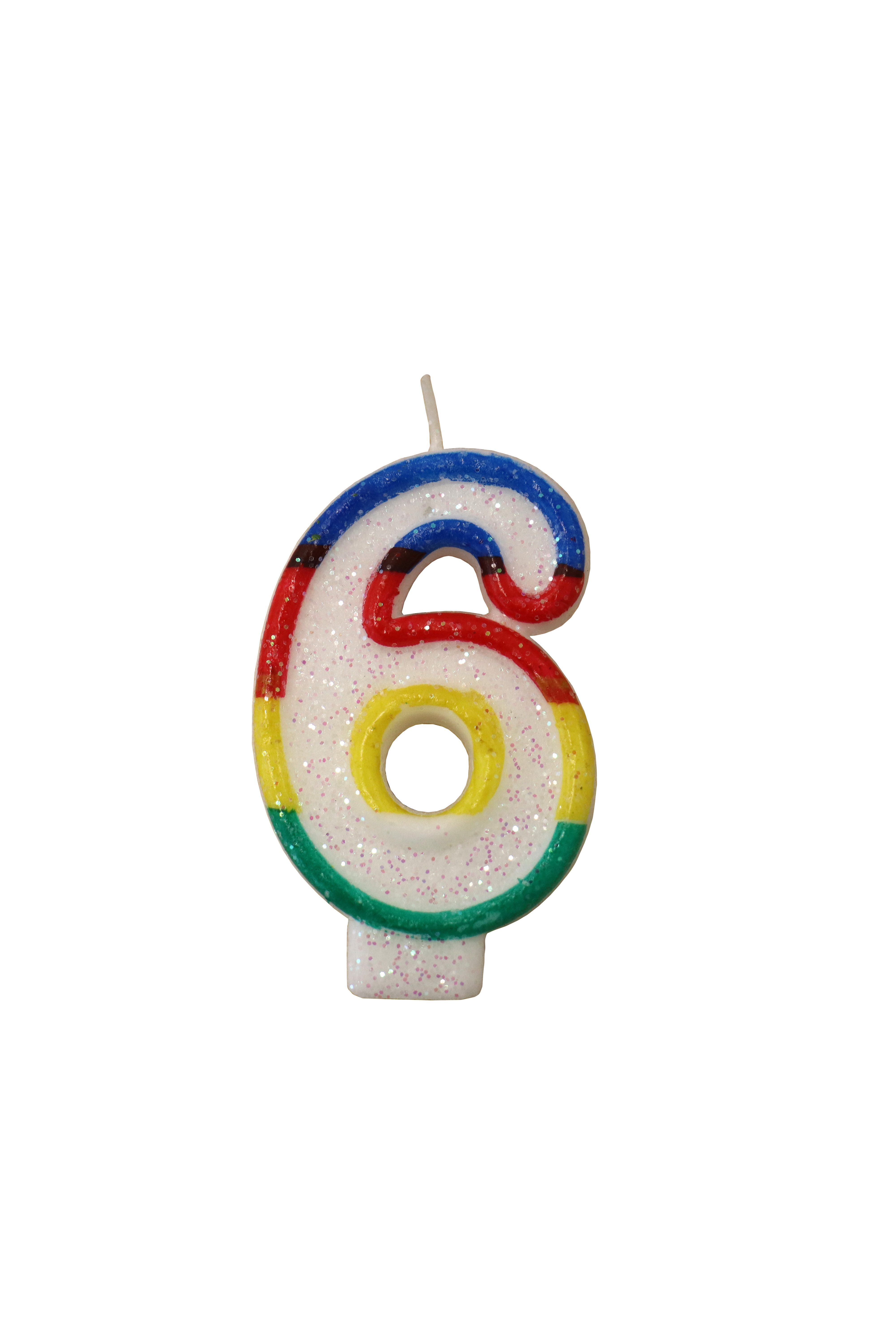 Geburtstagskerze Tortenkerze Kerzenzahl "6" Bunt glitzernd mit Halter