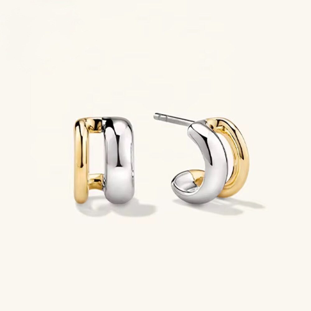 Paar Creolen Damen Bicolor Trend Huggie Creolen 18K Gold 925 Silber