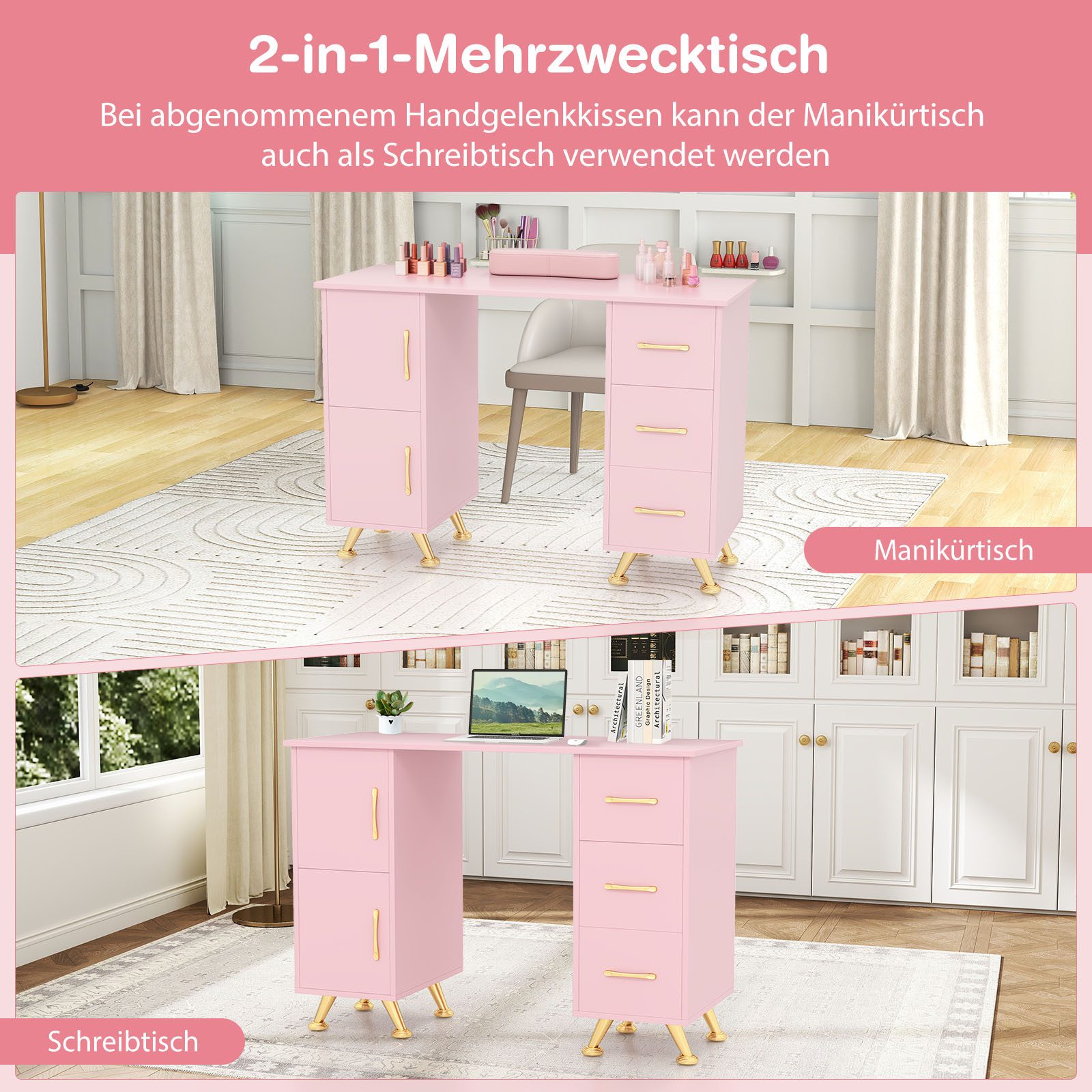 KOMFOTTEU Schminktisch, 2 in 1 Maniküretisch, Nageltisch Nagelpflegetisch