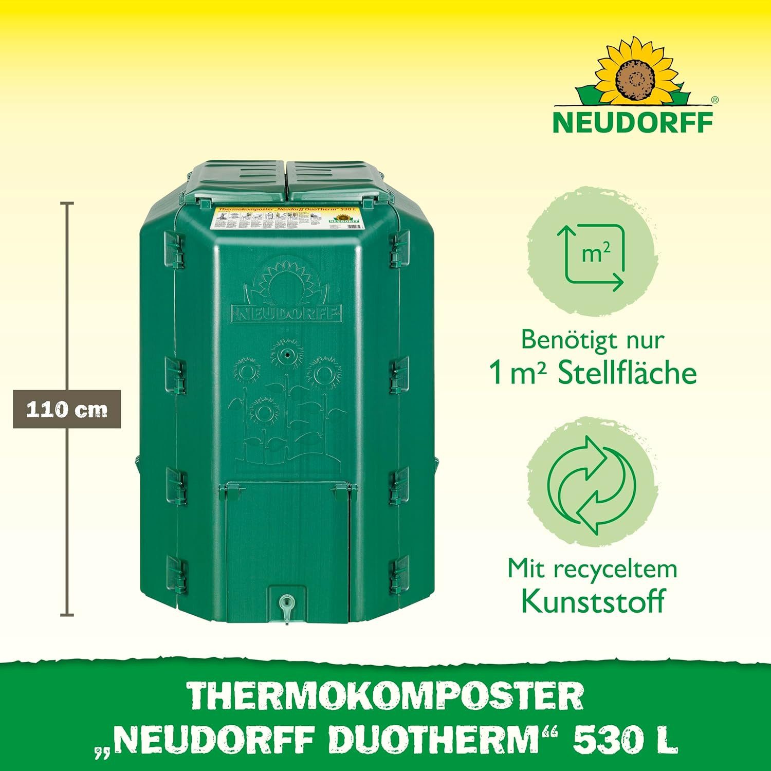 Neudorff Thermokomposter "Neudorff DuoTherm 530 l" 1 Stk., (Wetterfester und UV-beständiger Komposter, zur schnellen Kompostierung von Garten- und Küchenabfällen), Kompostierer Garten mit recyceltem Kunststoff