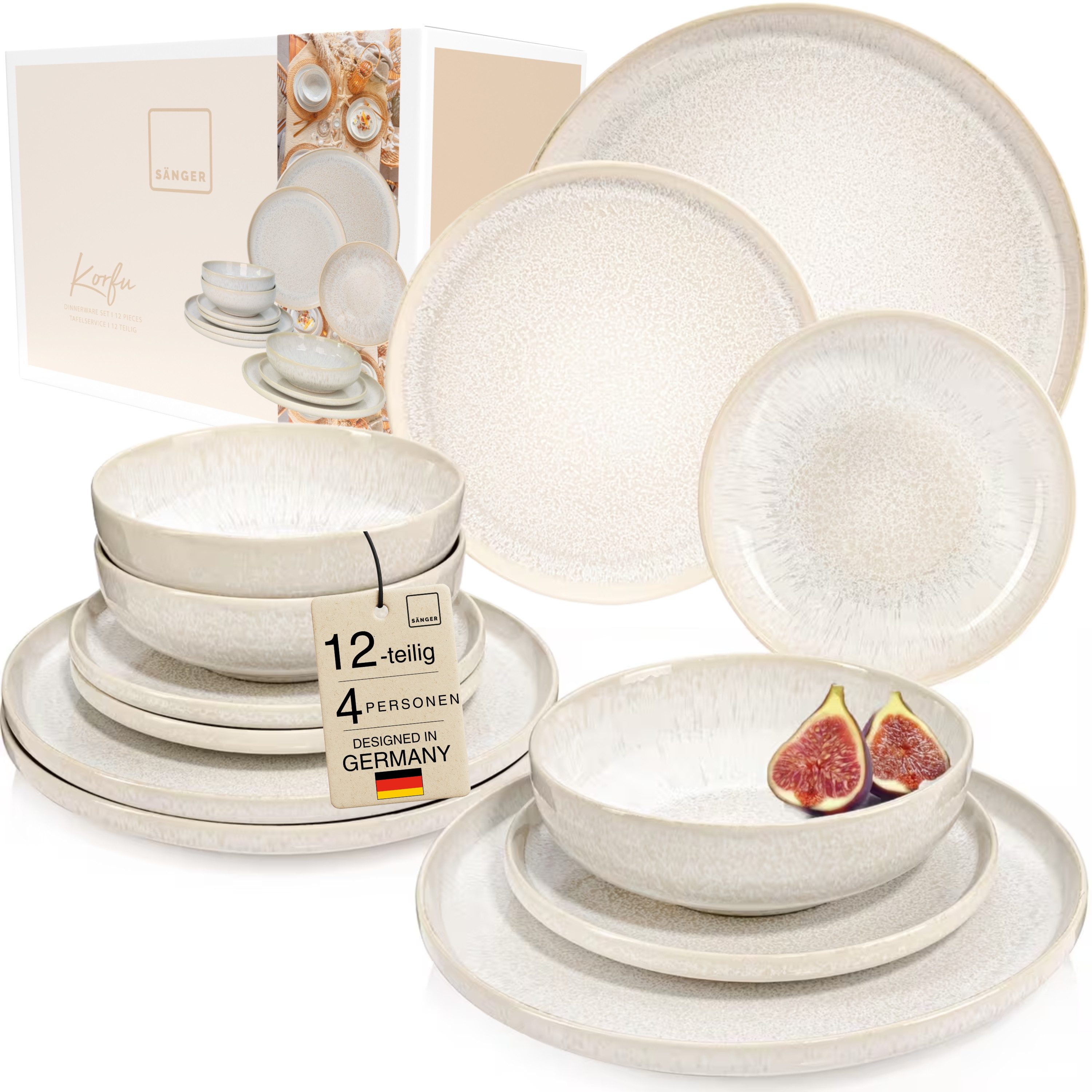 SÄNGER Tafelservice Korfu Geschirrset (12, 16, 24, 36 Teile) (12-tlg), 4 Personen, Steingut, Creme Beige, Handmade Premium Collection