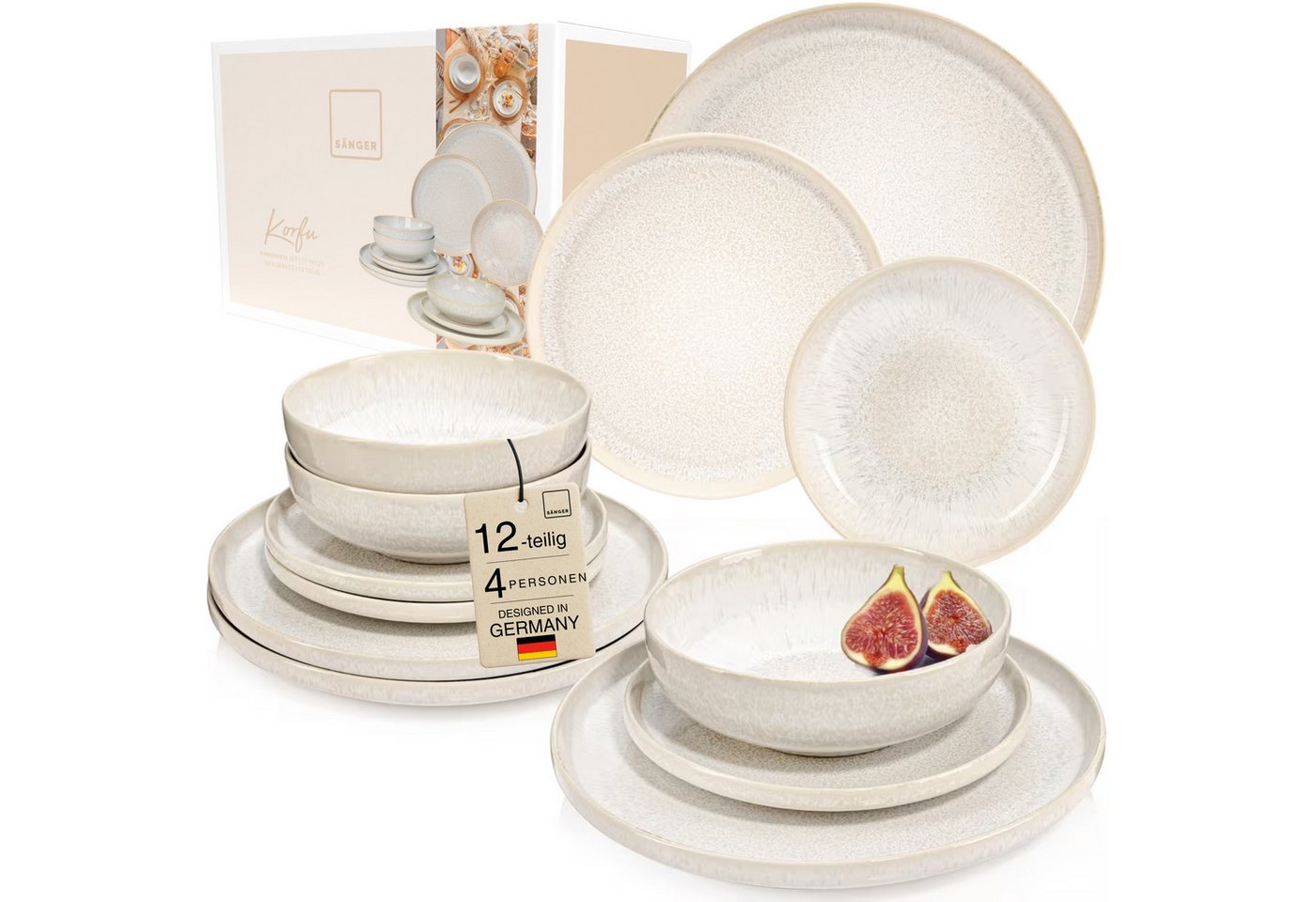 SÄNGER Geschirr-Set Korfu Geschirrset (12, 16, 24, 36 Teile) (12-tlg), 4 Personen, Steingut, Creme Beige, Handmade Premium Collection