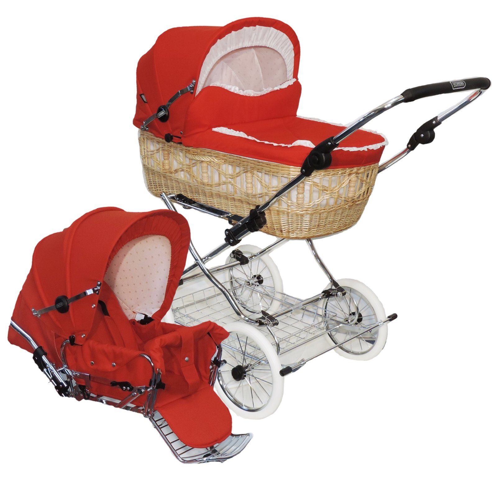 Kombi-Kinderwagen Retro Korbkinderwagen Komplett-Set, Weide natur