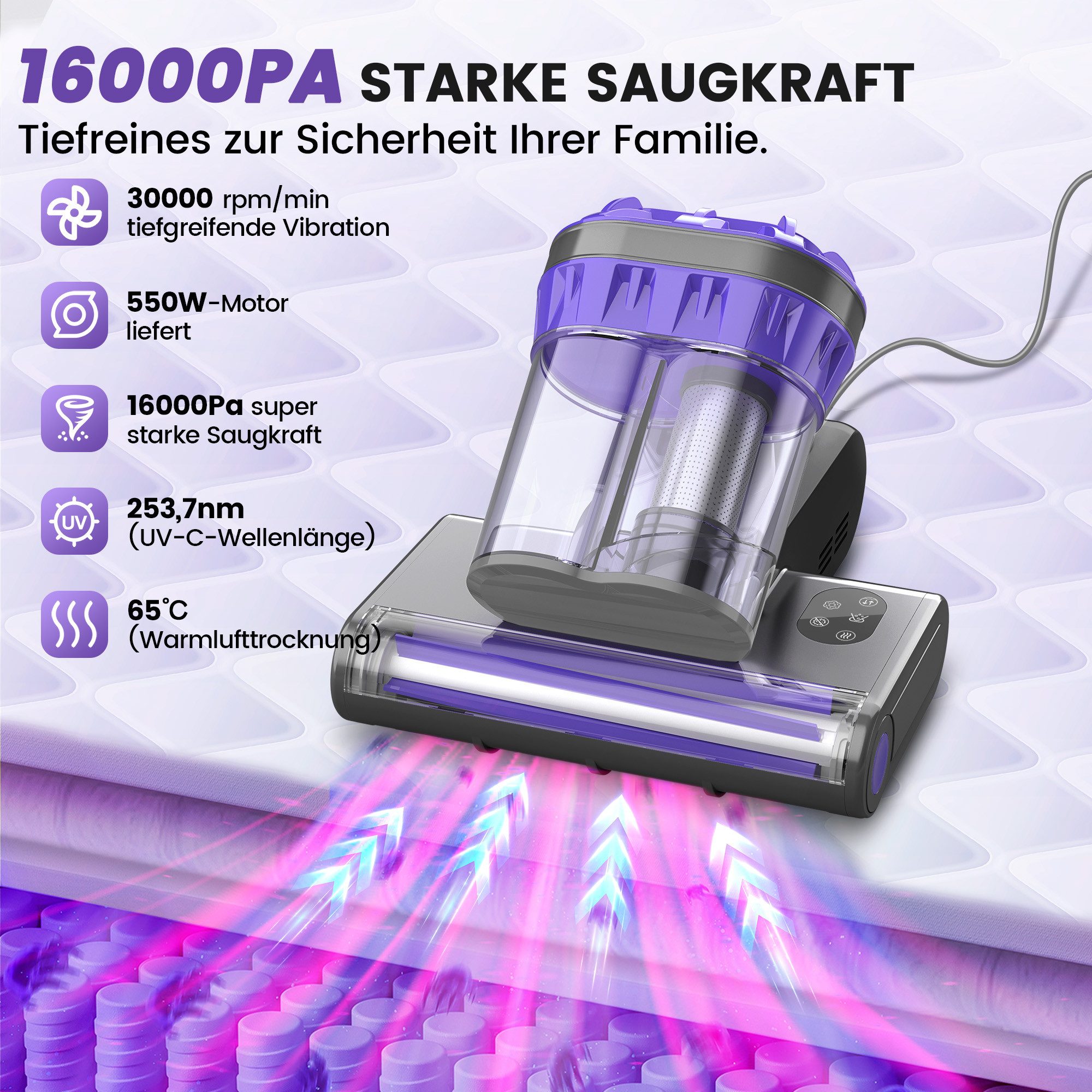INSE Matratzenreinigungsgerät M1 Matratzenreinigungsgerät Milbenstaubsauger mit UV-Licht & Heißluft, 550 W, beutellos, 550W MOTOR,16KPA STARKE SAUGKRAFT,UV-C LICHT,65℃ HEIßLUFT,5M Kabel