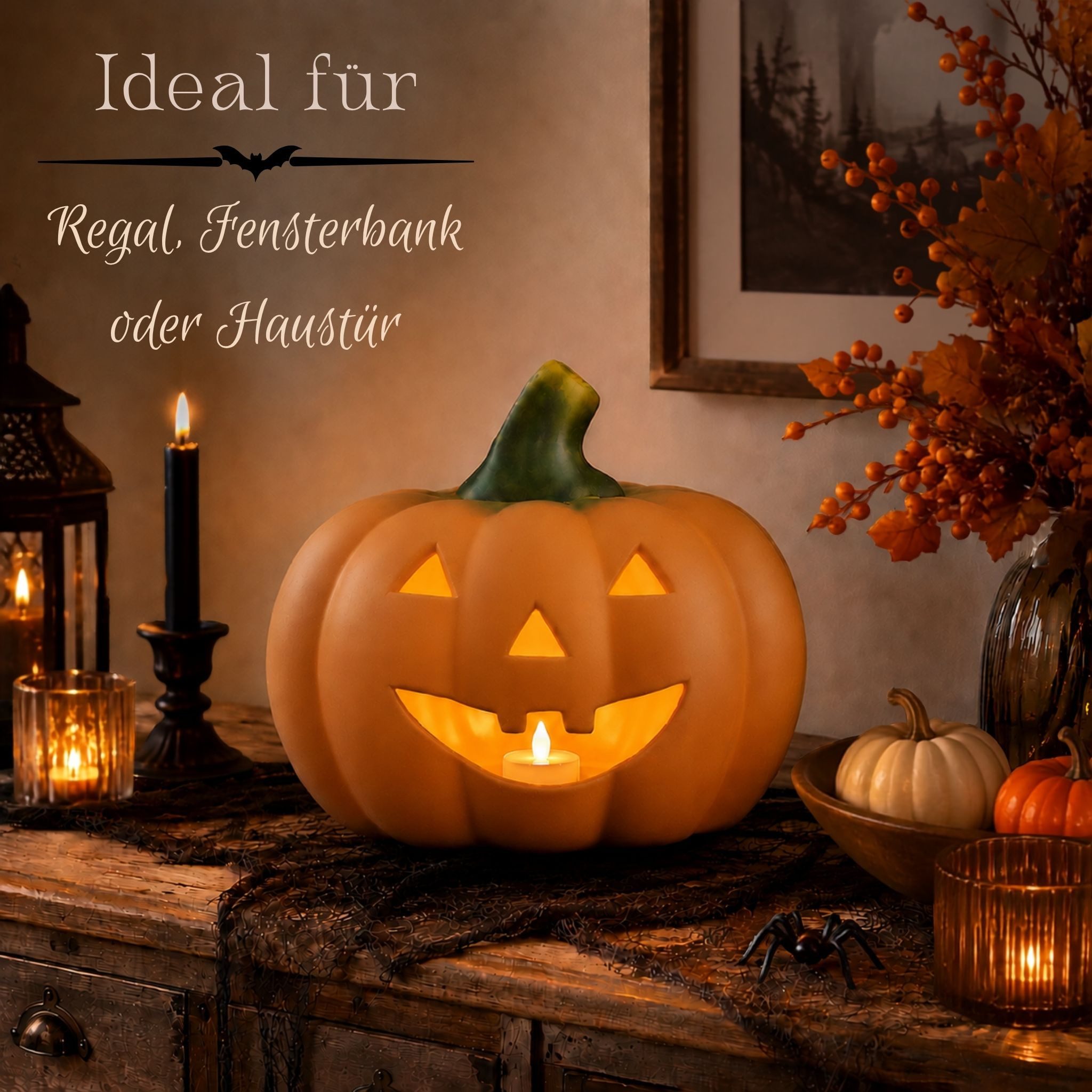 matches21 HOME & HOBBY Dekofigur Kürbis-Laterne als LED Halloween-Deko Windlicht in 22x20 cm, Gruseliger Jack-O-Lantern Deko-Kürbis als innen außen Herbst-Deko – Bild 3 von 5