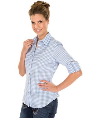 OS-Trachten Trachtenbluse Trachtenbluse CHECKERED Langarm Stick hellblau