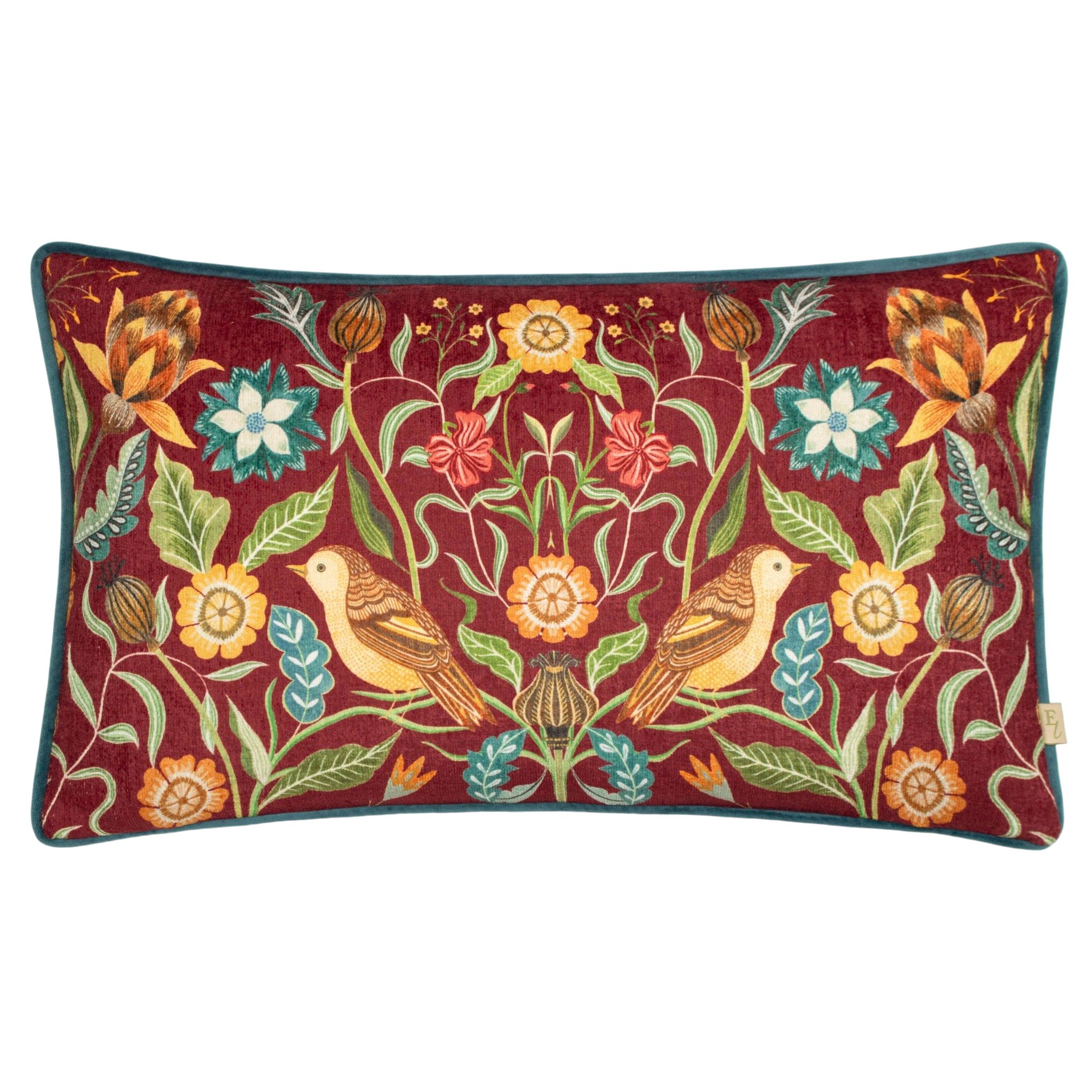 Riva Home Dekokissen Vintage Dekokissen „Hawthorn Birds“ 30x50 cm bordeaux mit Füllkissen