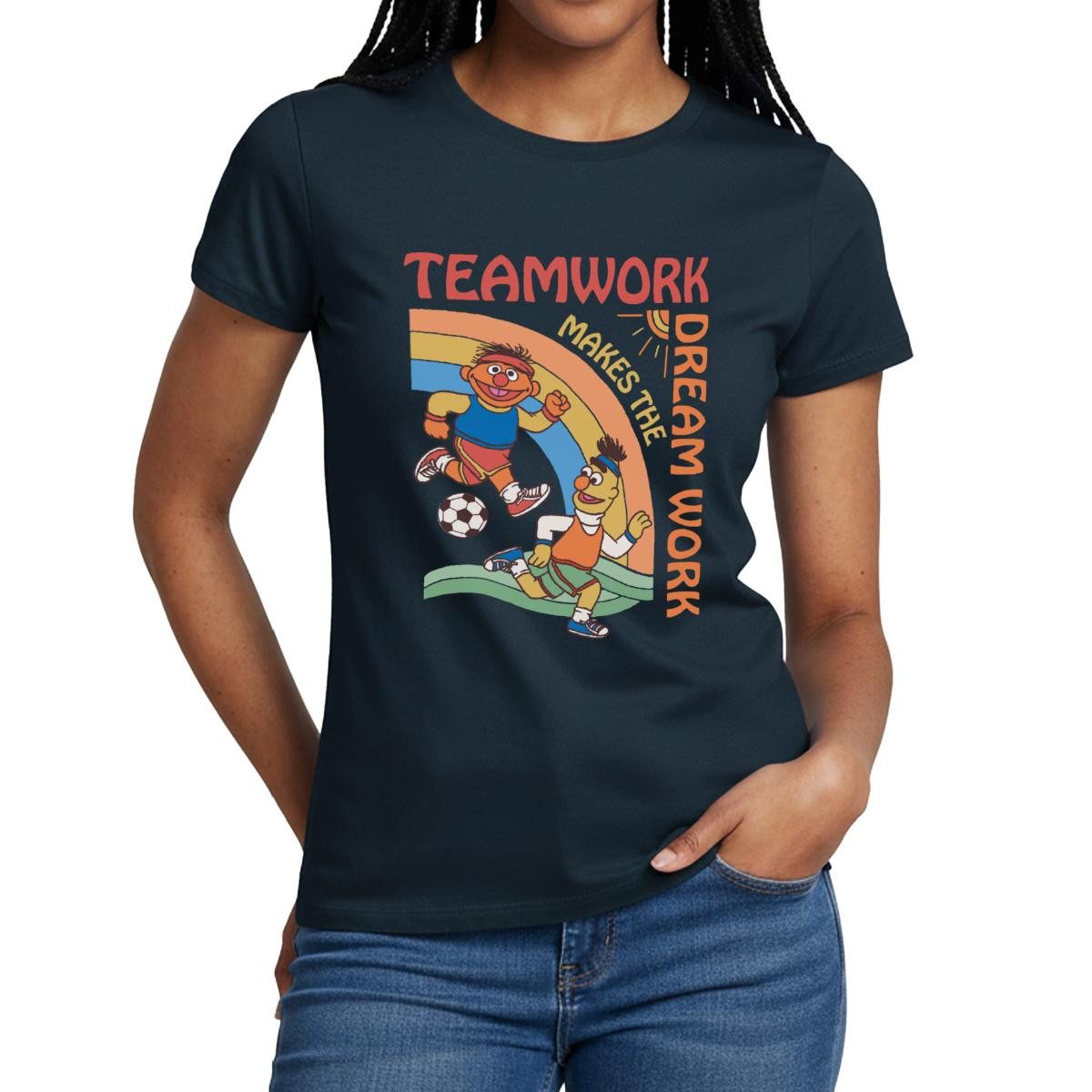 Spreadshirt T-Shirt Sesamstraße Teamwork Makes The Dream Work Mit Ernie Und Bert Frauen T- (1-tlg)