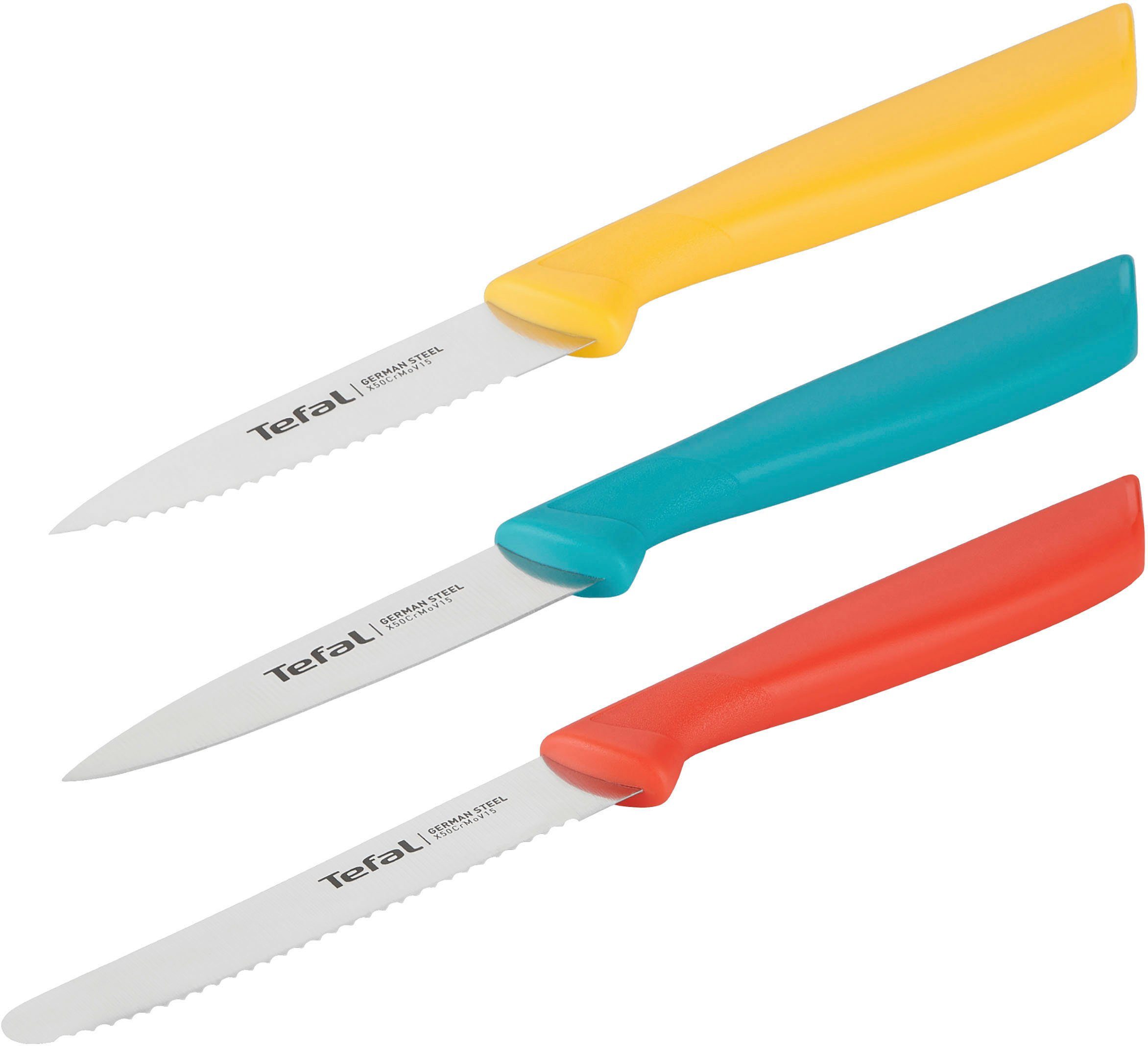 Tefal Messer-Set Colorfood für alle täglichen Vorbereitungen (Set, 3-tlg., Universalmesser (10 cm), Schälmesser (8 cm), Schälmesser (8 cm), deutscher Edelstahl, rostfrei, leicht strukturierte Griffe, K2733S