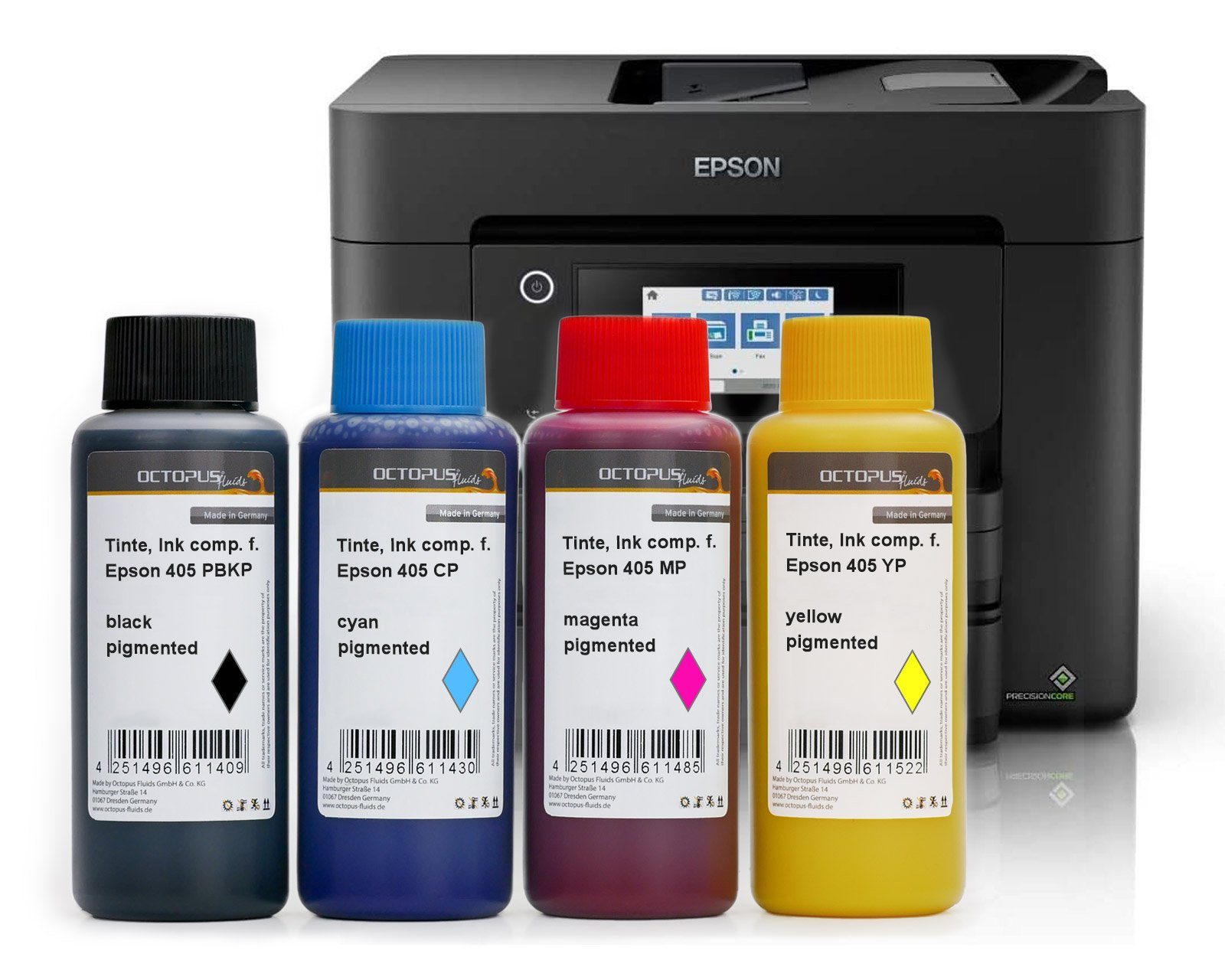 OCTOPUS Fluids Tinte comp. f. Epson 405 WF-3820, 4820 schwarz pigm. 100ml m. Spritze Nachfülltinte (für Epson, Set, 1x 1000 ml)