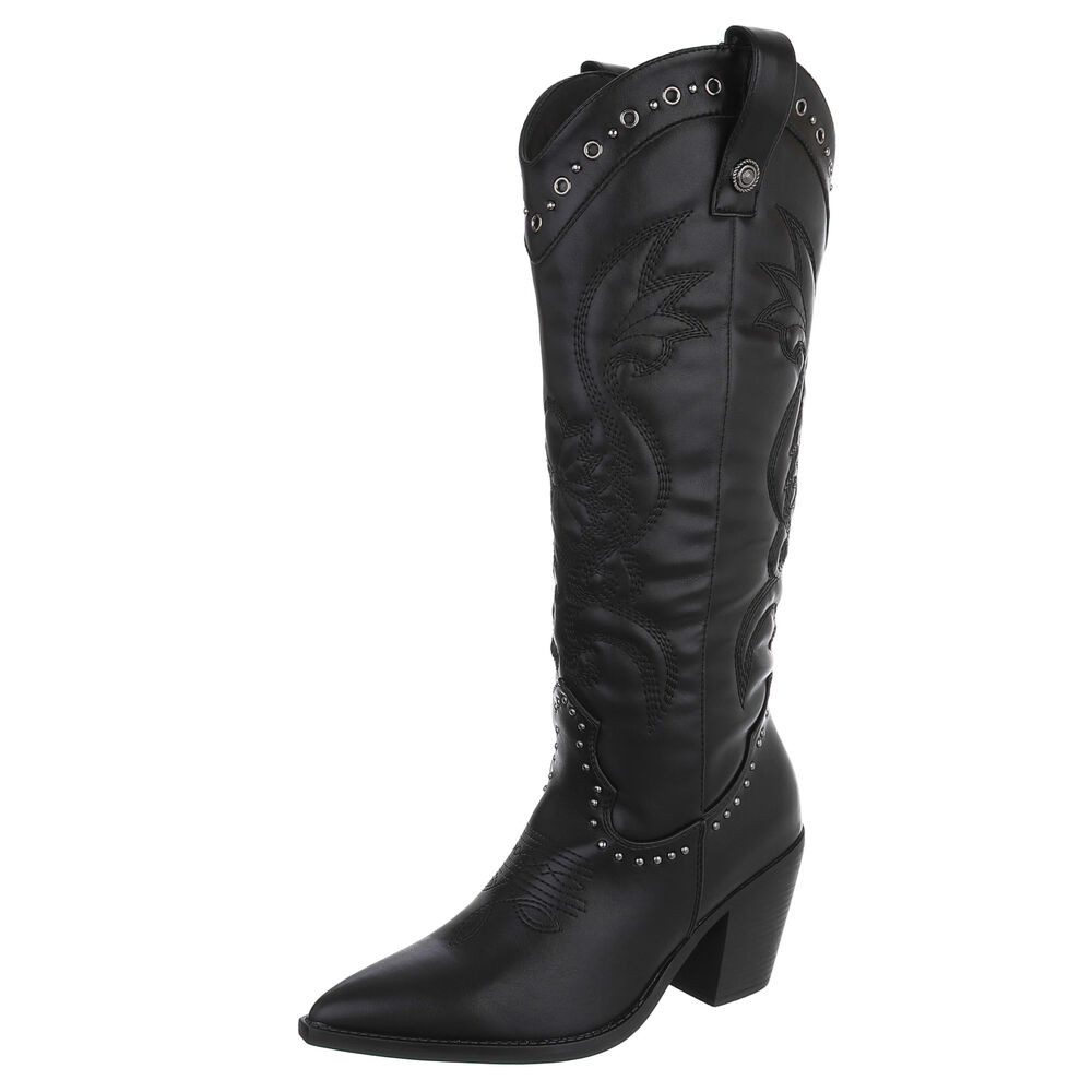 Ital-Design Damen Cowboystiefel mit Blockabsatz und Stickerei Westernstiefel (92002492) Blockabsatz Stiefel in Schwarz