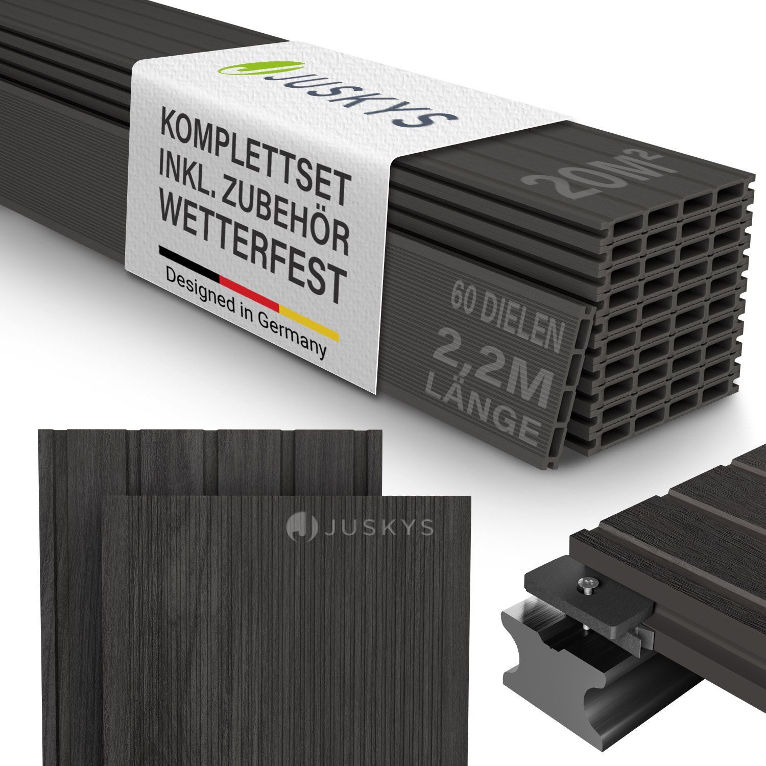 Juskys Terrassendielen, 20 m², BxL: je 14.6x220 cm, (60-St., 20 m), 20 m², Witterungsbeständig, Raue Oberfläche, 330 kg/m² belastbar