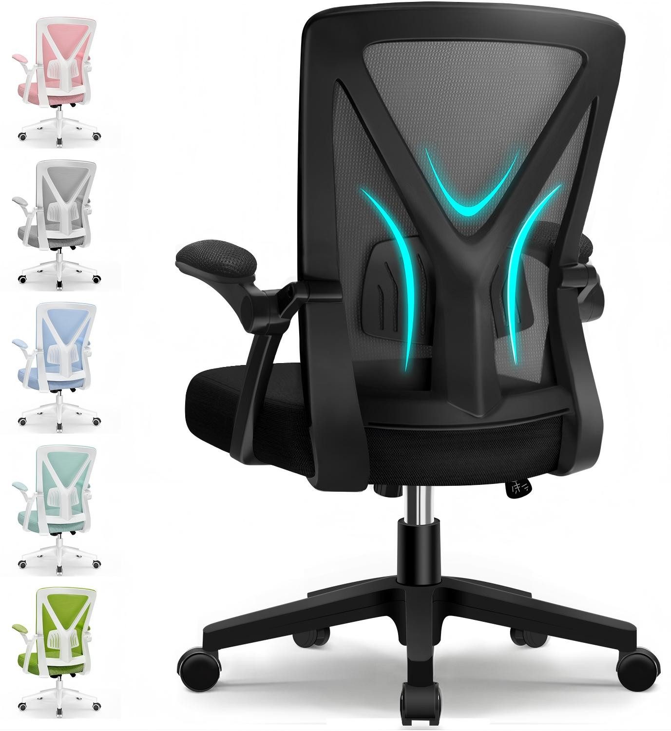 Adormii Bürostuhl Bürostuhl mit klappbaren Armlehnen,Ergonomischer Bürostuhl (Drehstuhl 360° mit Höhenverstellbarer Lendenwirbelstütze,Verstellbarer gepolsterten Armlehnen,Wippfunktion bis 125°,geräuscharmen Rollen,Höhenverstellbar), Atmungsaktiver Netzbezug, Hochwertiger Schaumstoff,Bis 150 kg