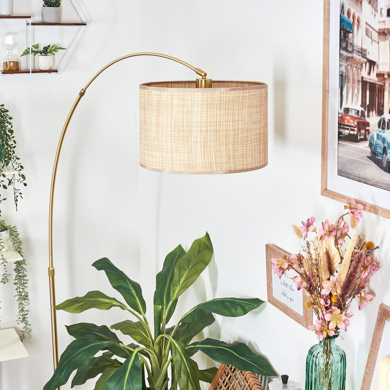 hofstein Bogenlampe Stehlampe Metall/Papiergeflecht/Stoff in Schwarz/Messing/Natur/Braun, Stehleuchte im Boho-Design mit Marmorfuß u. Fußschalter (35 cm), E27