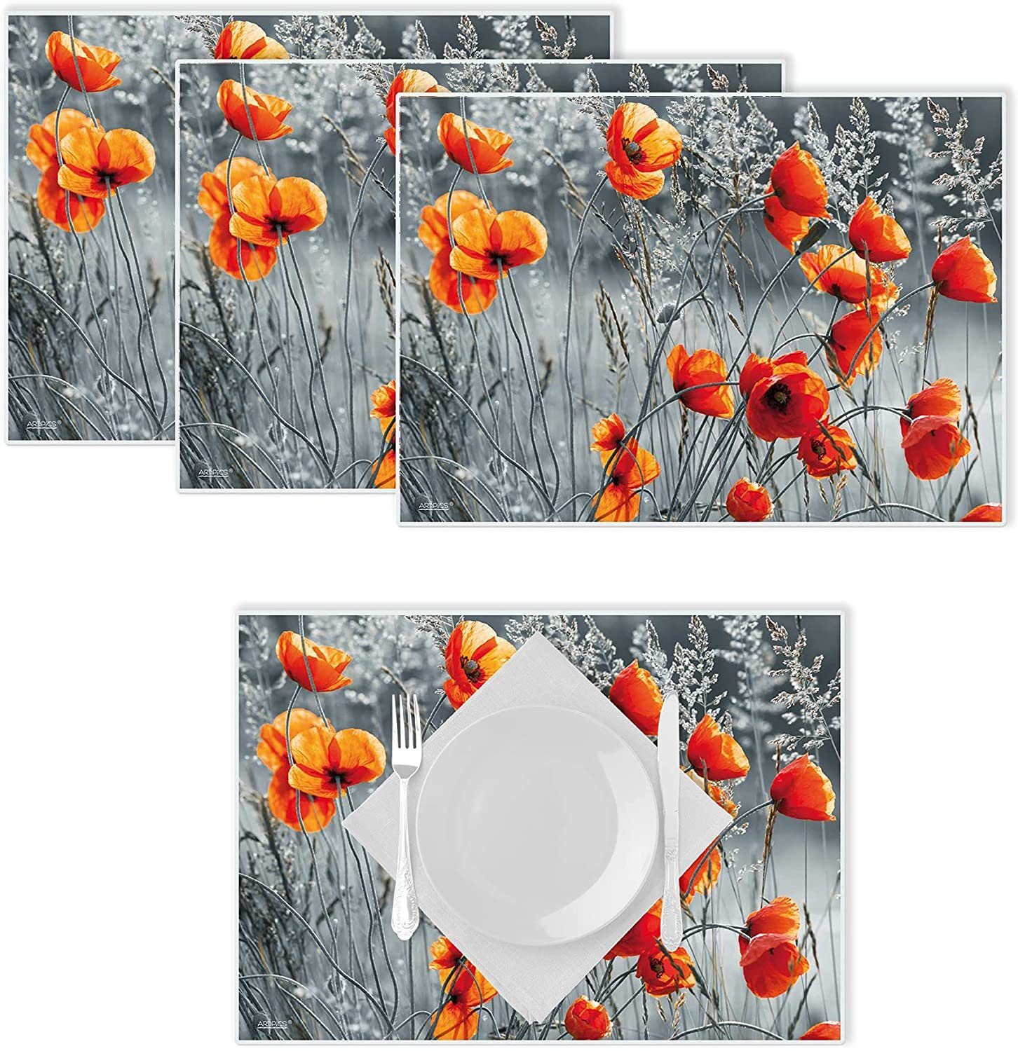 Platzset, Artipics Tischset Red Artipics Tischkunst, je 4 42 cm, 30 (5-St) Abwaschbar STK Poppies x