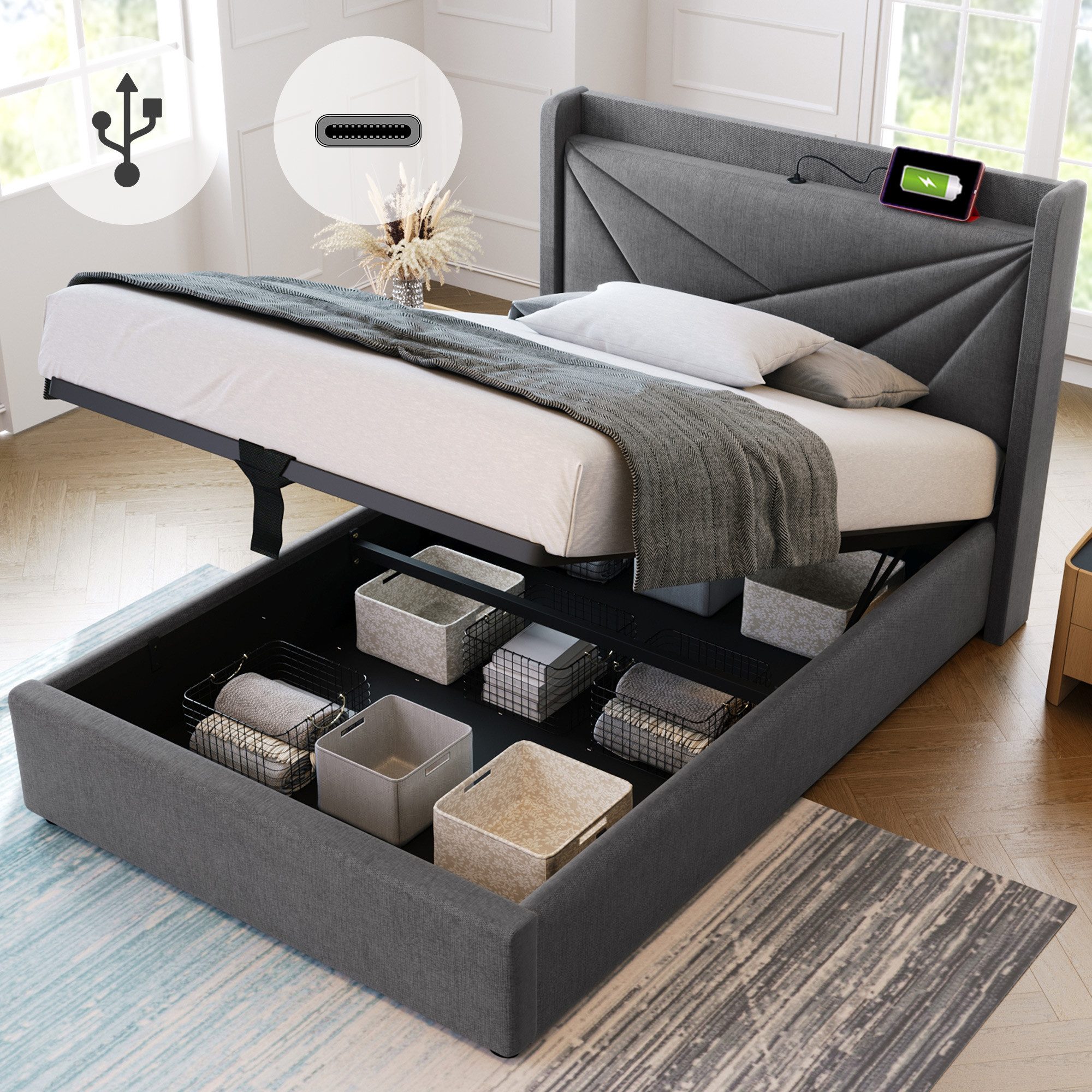 TavilaEcon Boxspringbett Einzelbett mit Stauraum und USB Typ C Ladefunktion günstig online kaufen