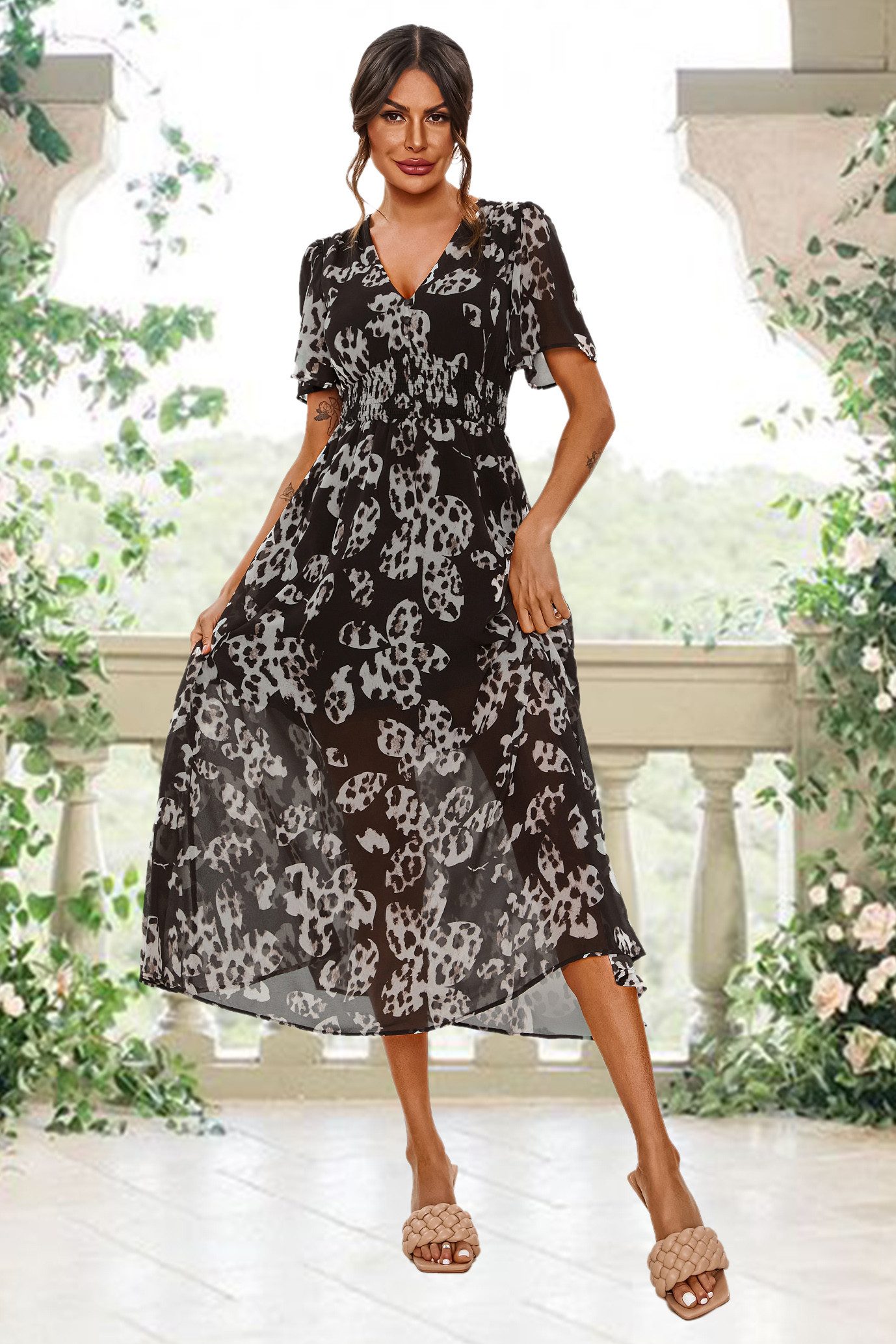 FS Collection Sommerkleid Damen Midikleid Sommerkleid Freizeitkleid V-Ausschnitt Geraffte Taille, fließender Stoff, femininer Schnitt