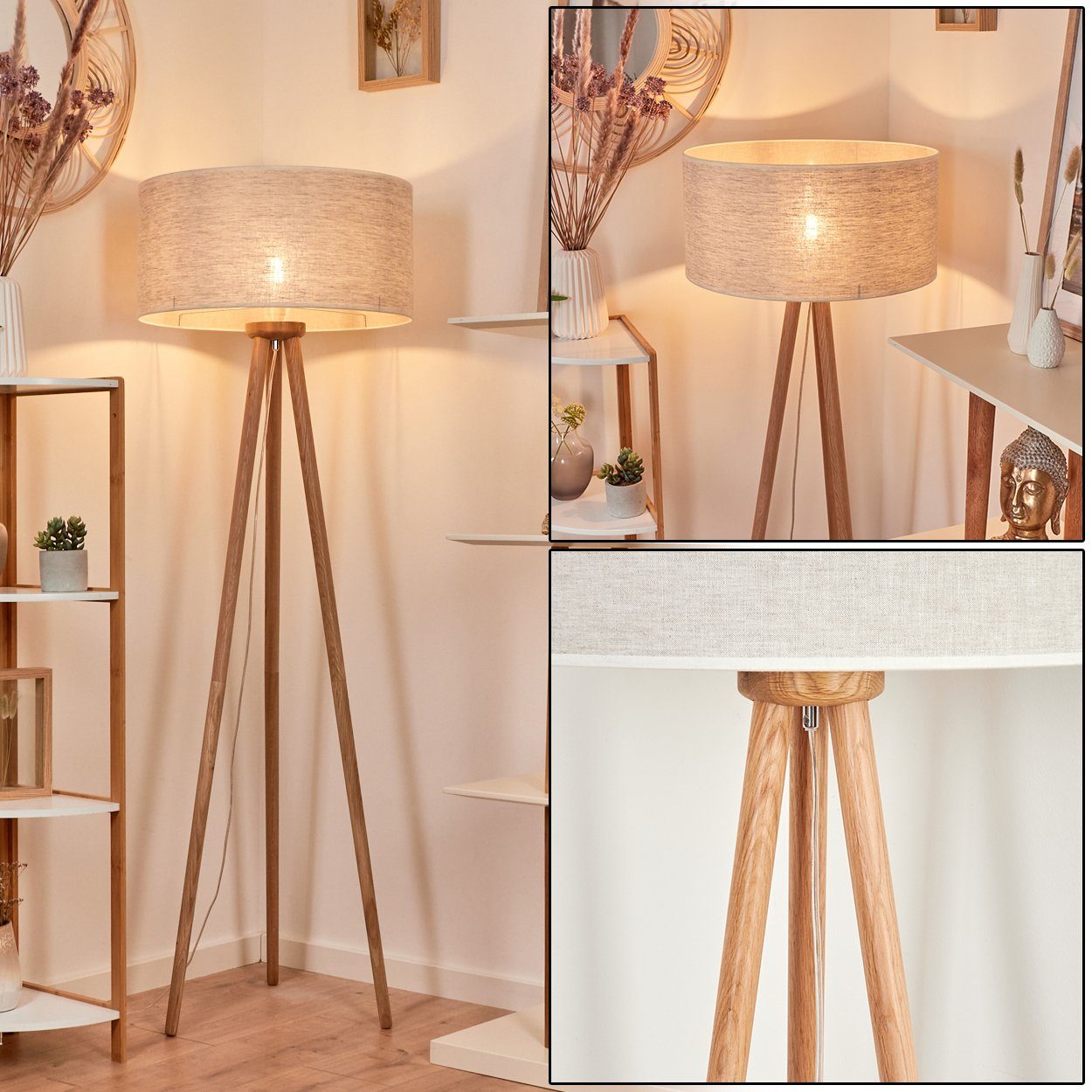 hofstein Stehlampe moderne Stehlampe aus Holz/Metall/Stoff in Natur(Eiche)/Weiß/Beige, ohne Leuchtmittel, mit rundem Schirm (50 cm) und Fußschalter, Höhe 151,5 cm, 1 x E27