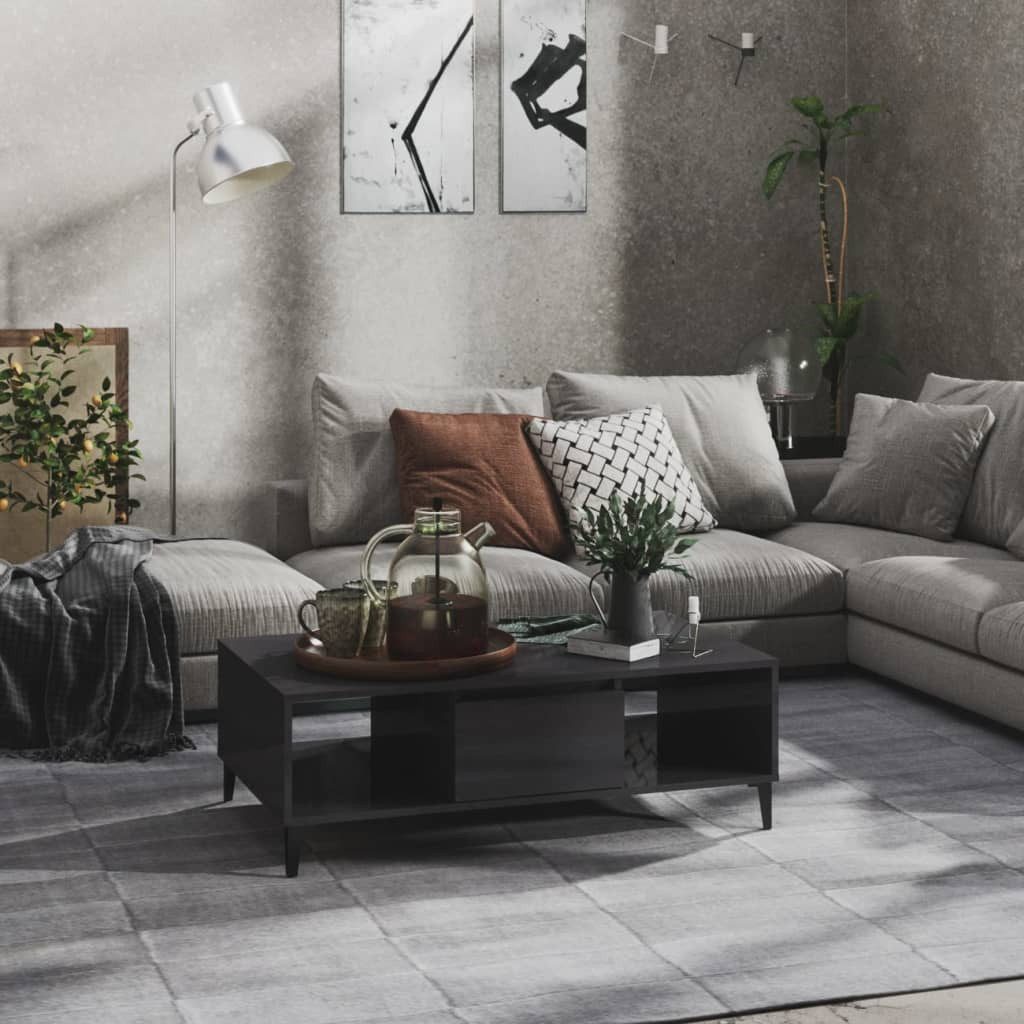 furnicato Couchtisch Industrieller 103,5x60x35 cm Hochglanz-Grau mit (1-St), Wohnzimmertisch mit Ablagefläche und Fach mit Tür aus Massivholz
