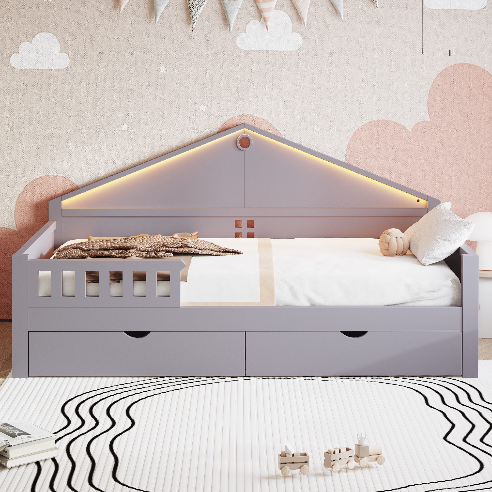 Flieks Kinderbett, Daybett Einzelbett Massivholz 90x200cm mit Lichtleiste & 2 Schubladen