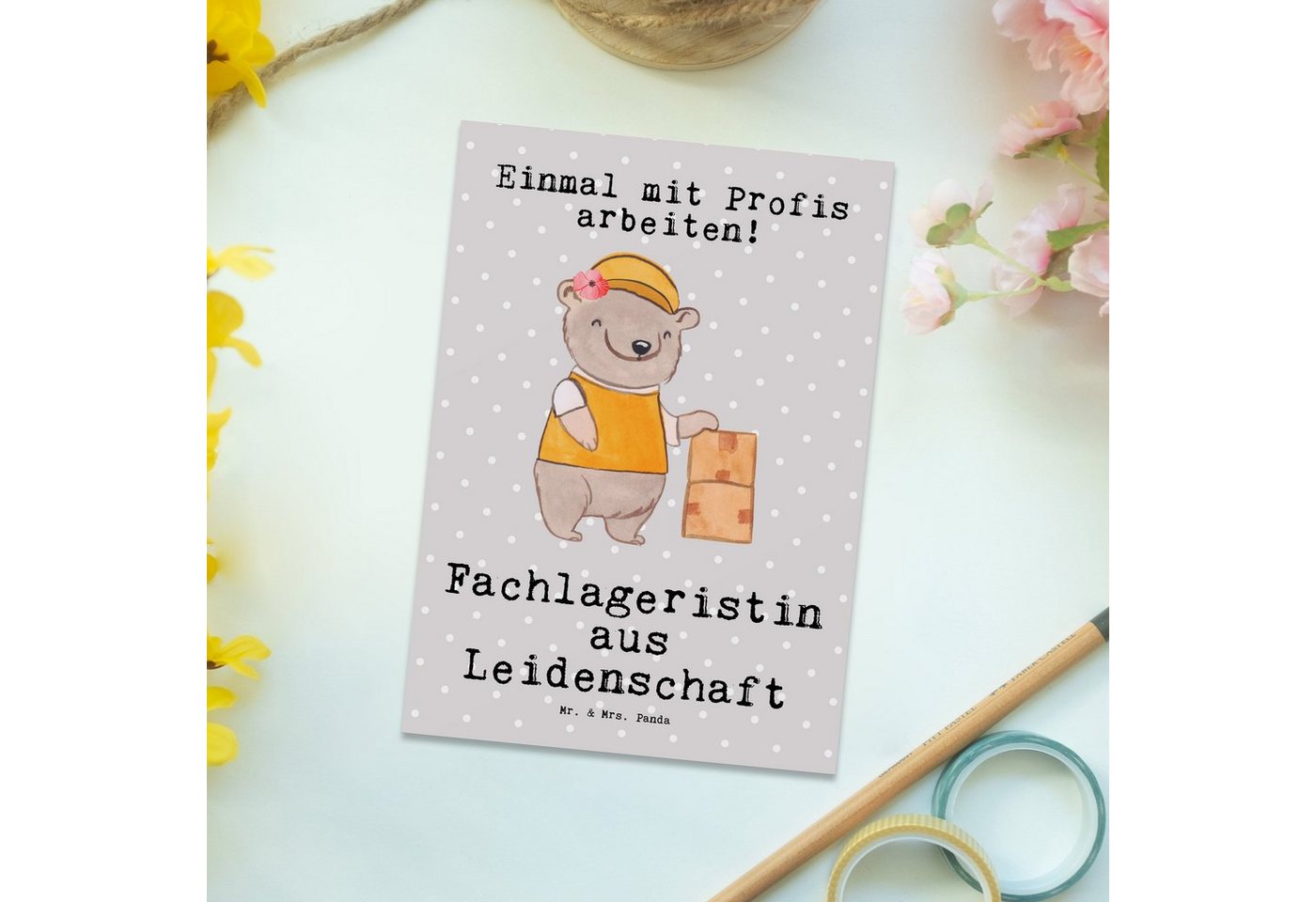 Thumbnail - Mr. & Mrs. Panda Postkarte Fachlageristin Leidenschaft - Grau Pastell - Geschenk, Jubiläum, Einl, Hochglanzveredelt